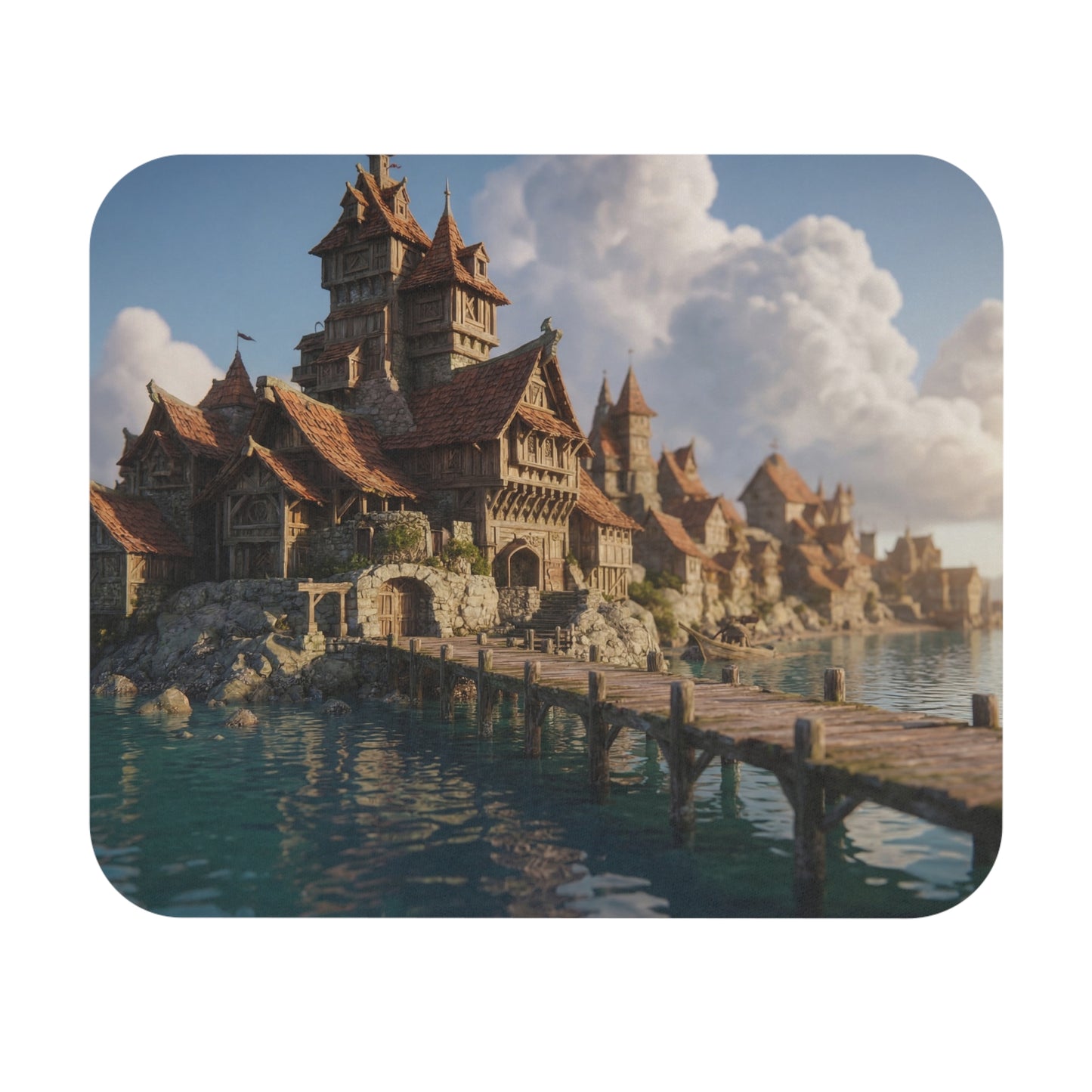Harbor Haven Mouse Pad (Rectangle) – Sunlit Coastal Village Dreamscape