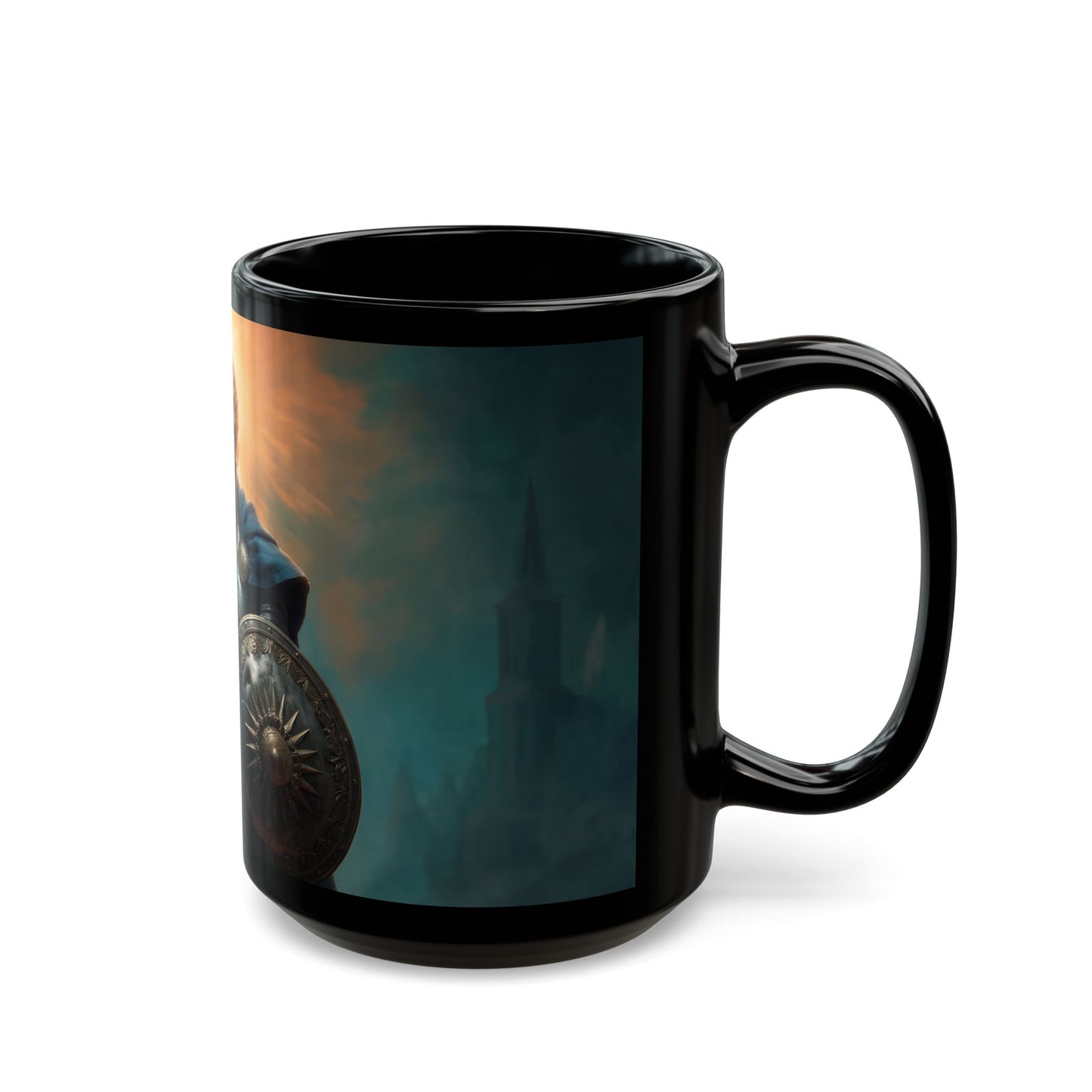 Dawn-Kissed Knight Black Mug – Armor of Resolve Coffee Cup