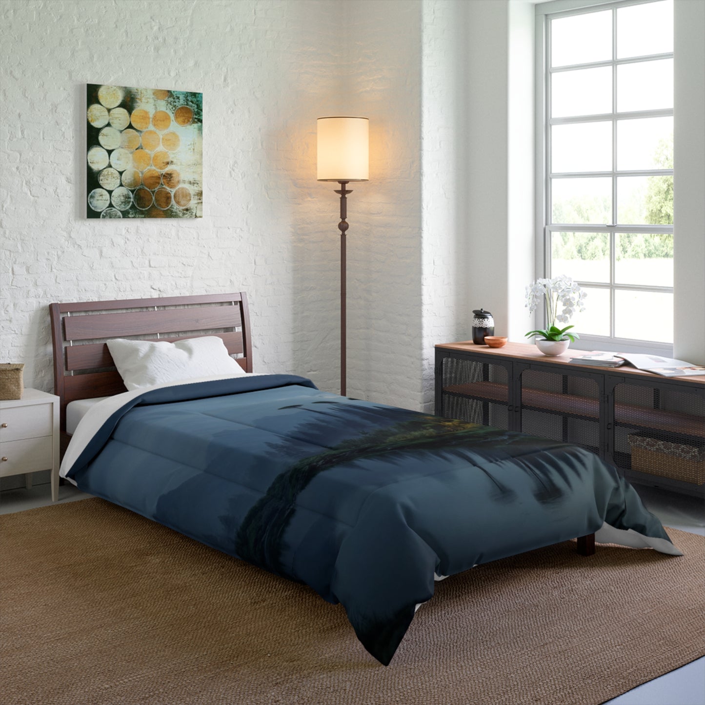 Moonlit Mountain Cabin Comforter – Warm Hearth Glow Amidst Whispering Peaks