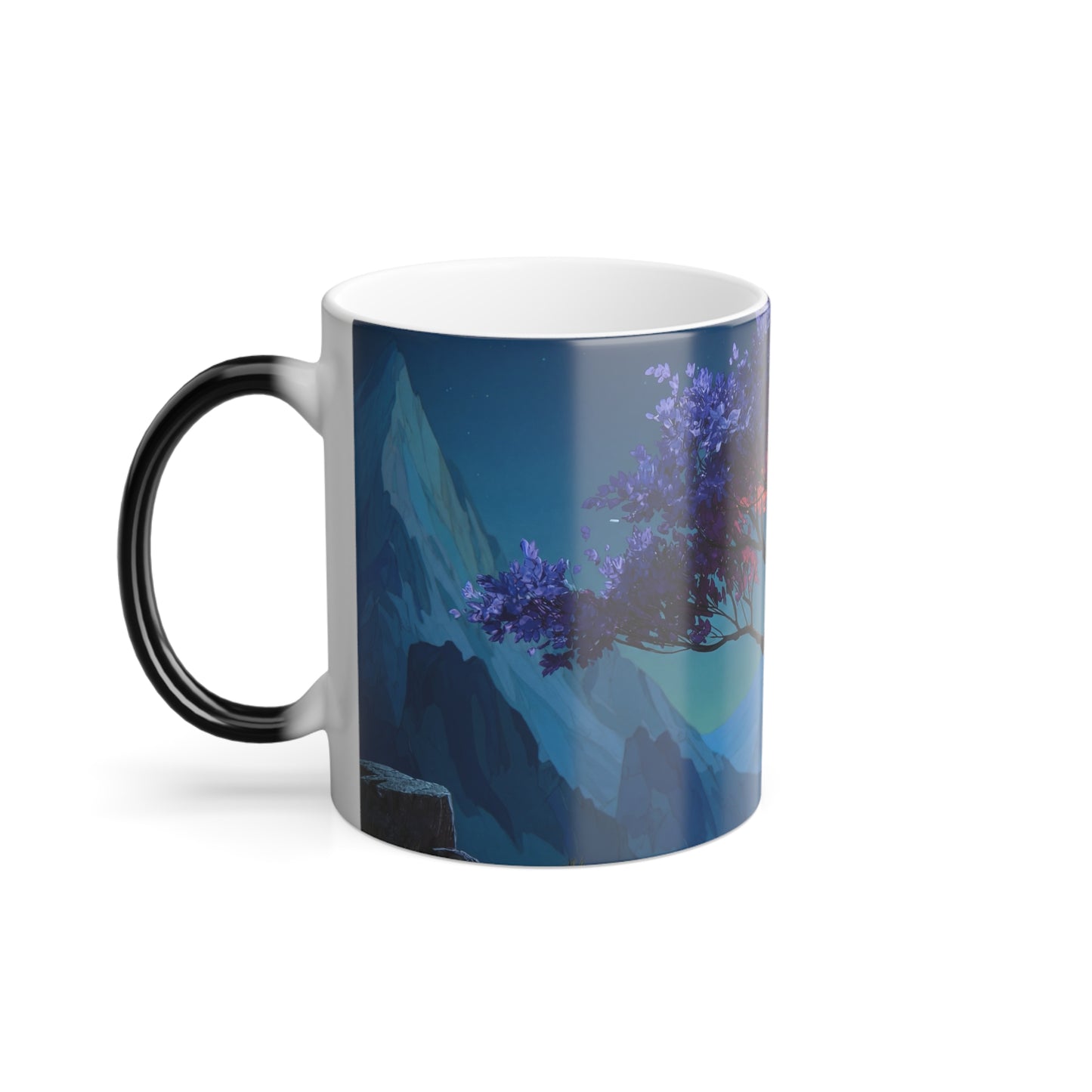 Title: Twilight Bloom Color Morphing Mug, 11oz – Purple and Gold Mountain Sunset