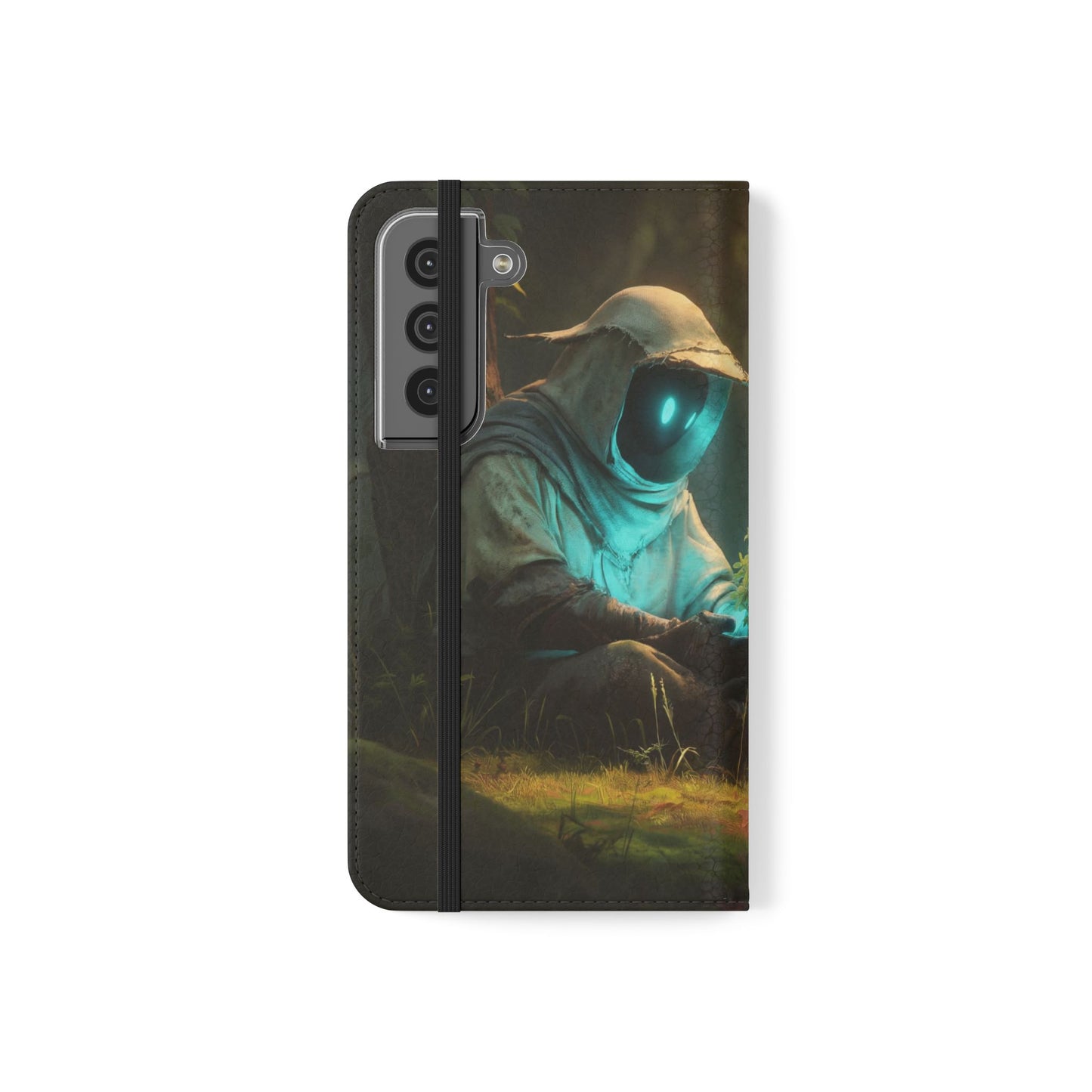 Glowing Orb Hooded Guardian Flip Cases – Bioluminescent Forest Keeper