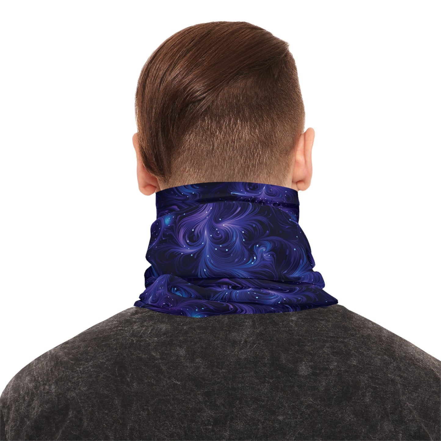 "A tiling pattern of swirling blue and purple fractal shapes reminiscent of galaxy nebulae on a midnight blue background" - Lightweight Neck Gaiter