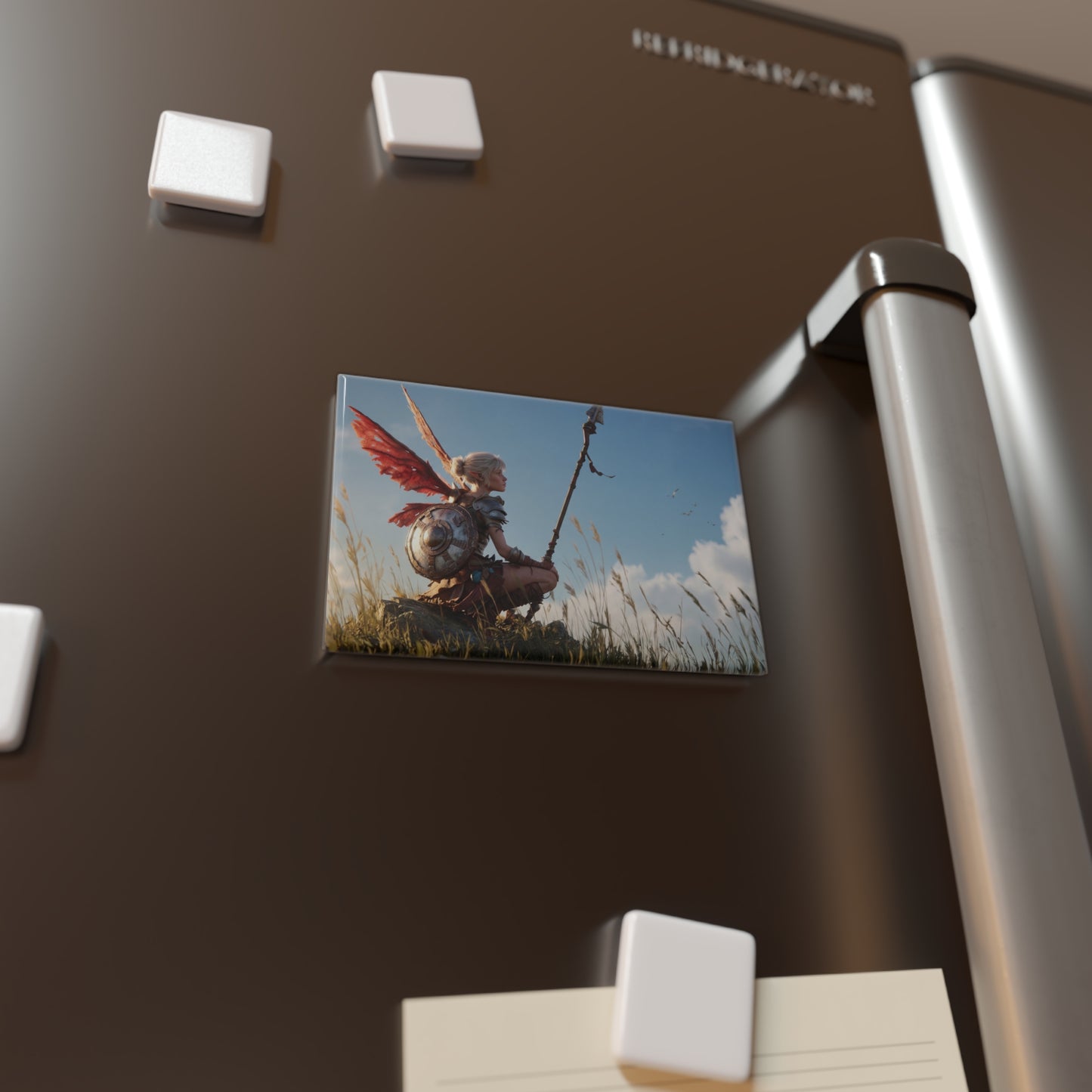 Angelic Warrior with Red Wings Button Magnet, Rectangle (1 & 10 pcs) – Sunset Sentinel on the Hill