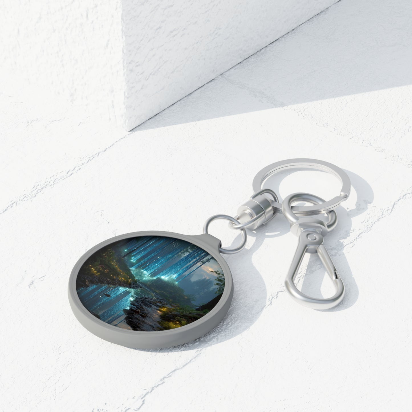 Whispering Forest Keyring Tag – Azure Lightfall Through Ancient Pines