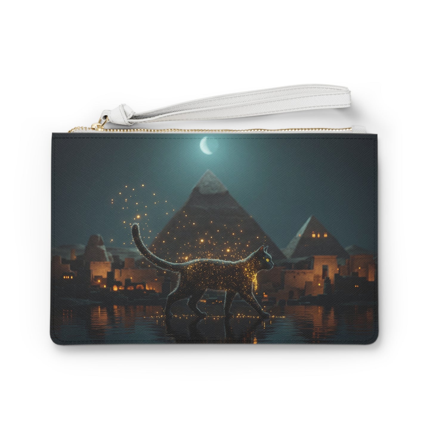 Celestial Cat Clutch Bag – Moonlit Pyramids & Whispering Sparks