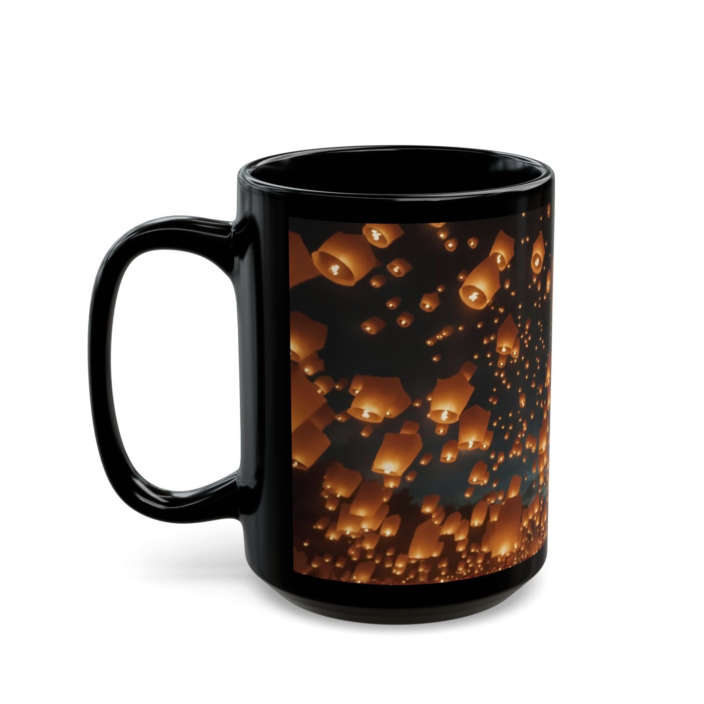 Skyborne Lanterns Black Mug – Warm Glow of Shared Wishes