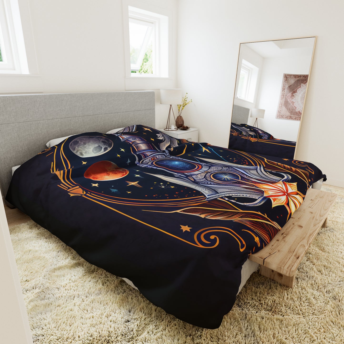 t-shirt design, rocket ship, stars, moons, art nouveau, alphonse much - Duvet Cover