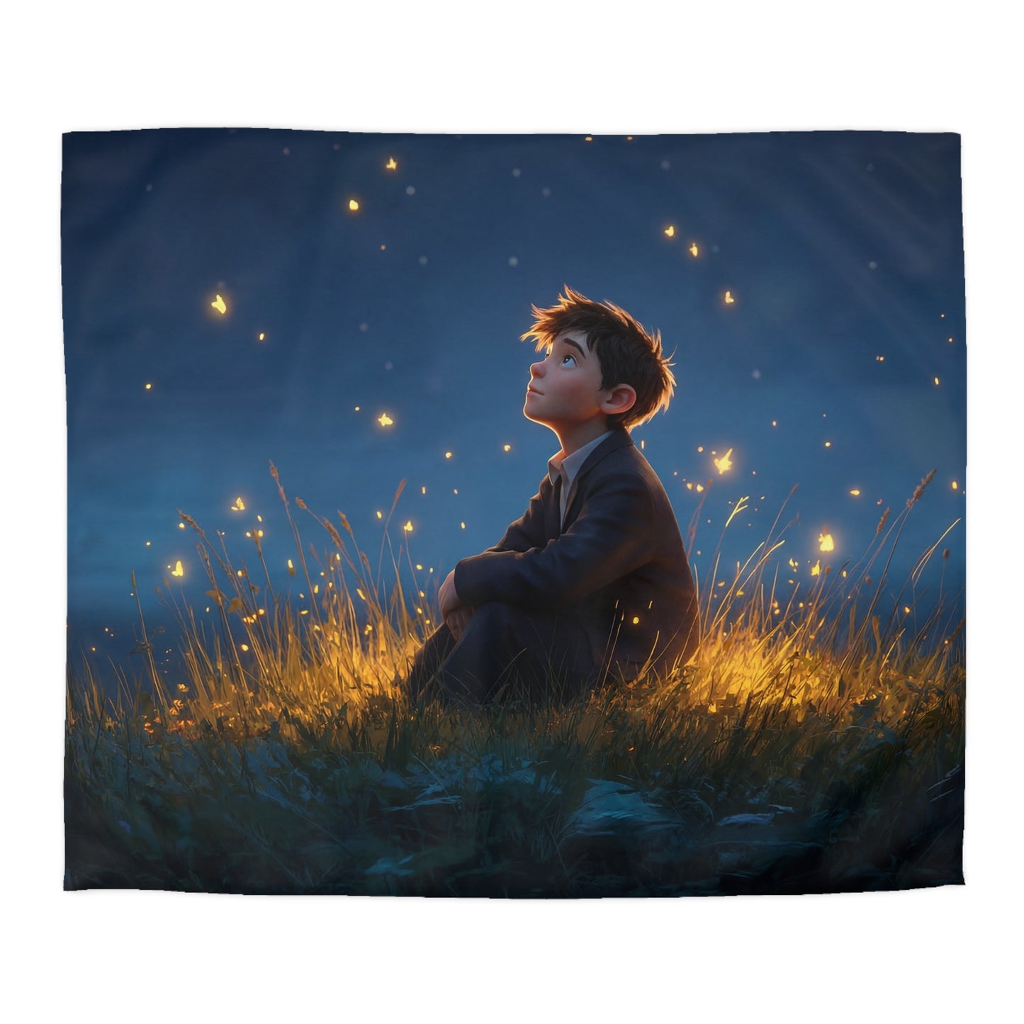 Boy Among Fireflies Microfiber Duvet Cover – Twilight Whispers and Gentle Glow