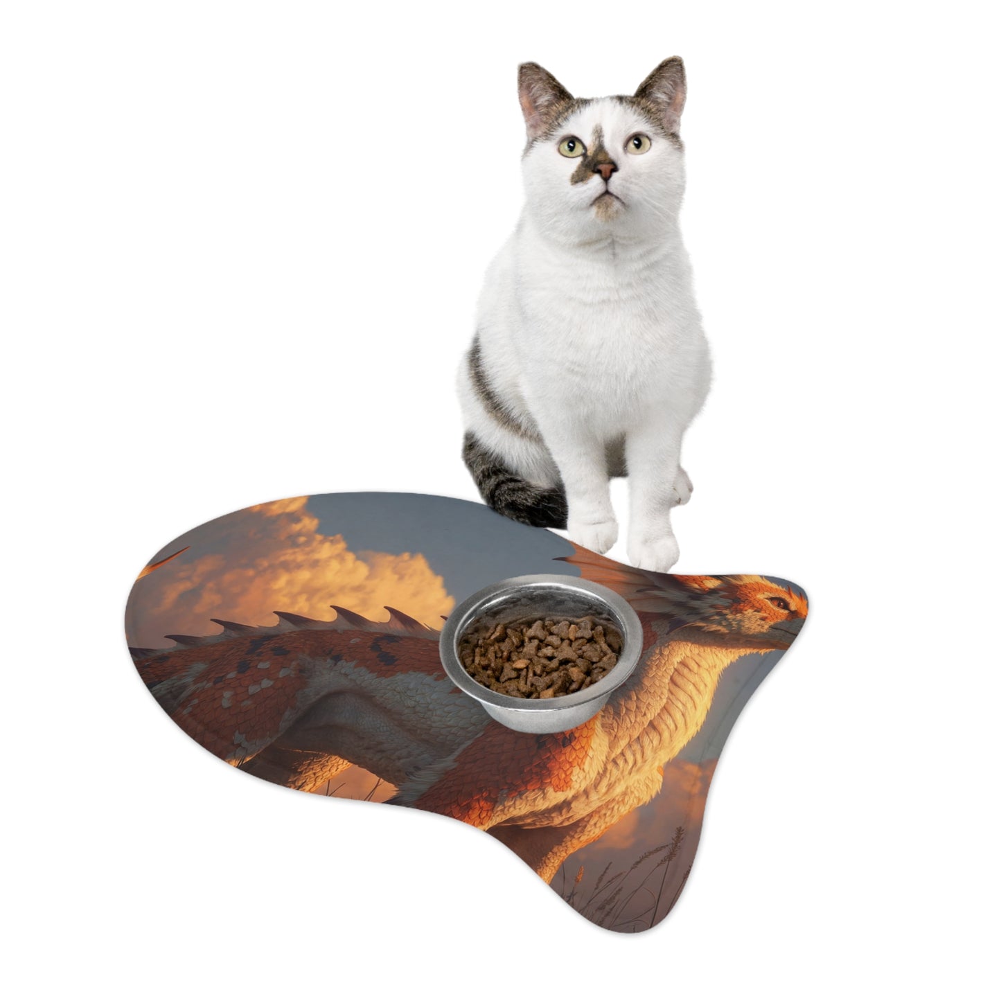 Sunset Sentinel Dragon Pet Feeding Mats – Warm Ember Meadow Glow