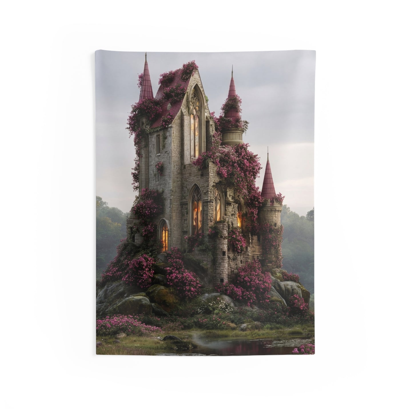Rose-Covered Castle Wall Tapestry – Twilight Bloom Sanctuary