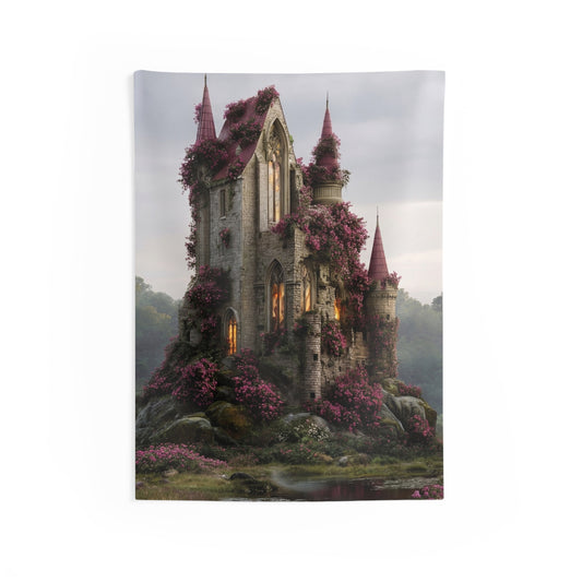 Rose-Covered Castle Wall Tapestry – Twilight Bloom Sanctuary