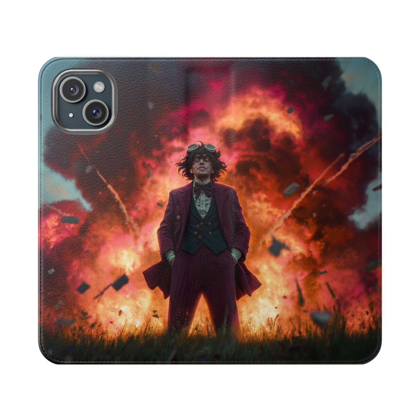 Goggles & Chaos Flip Cases – Purple Suit Amidst Fiery Explosion