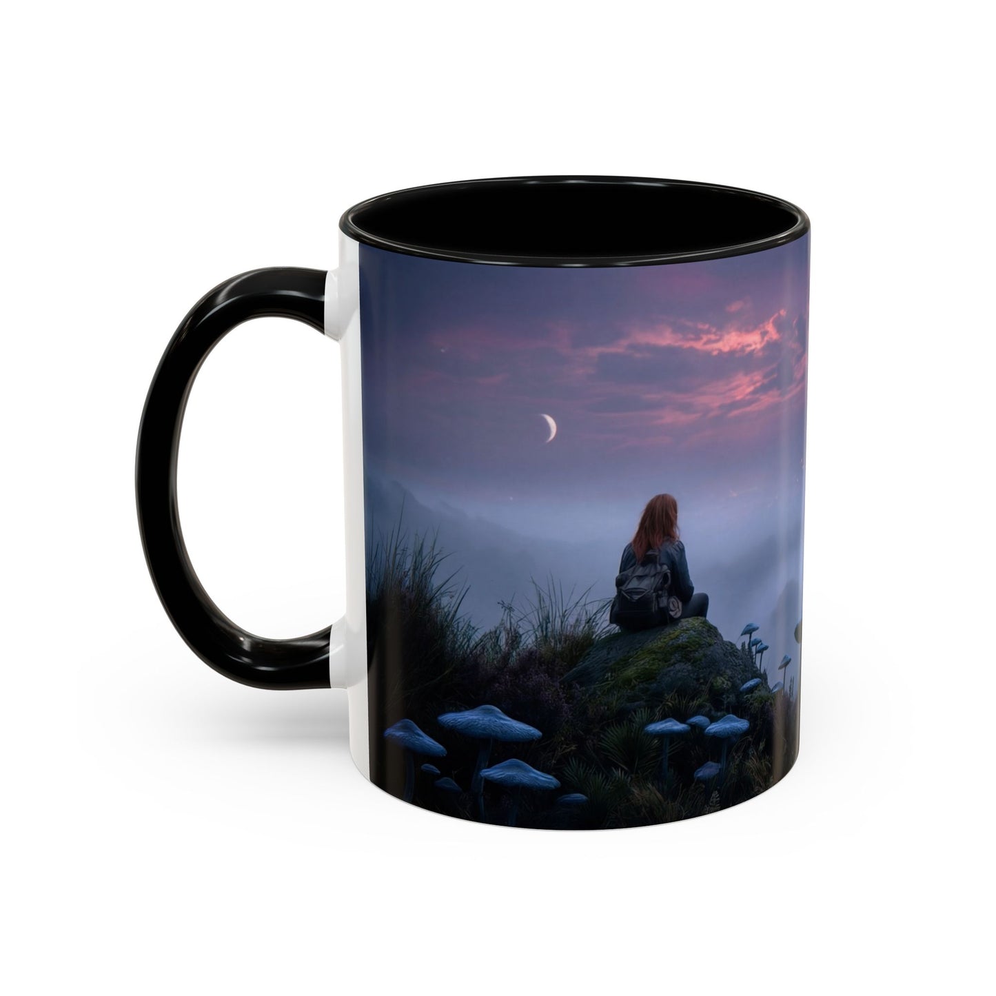 Moonlit Mycophile Accent Coffee Mug (11, 15oz) – Twilight Guardian of the Fungal Peaks