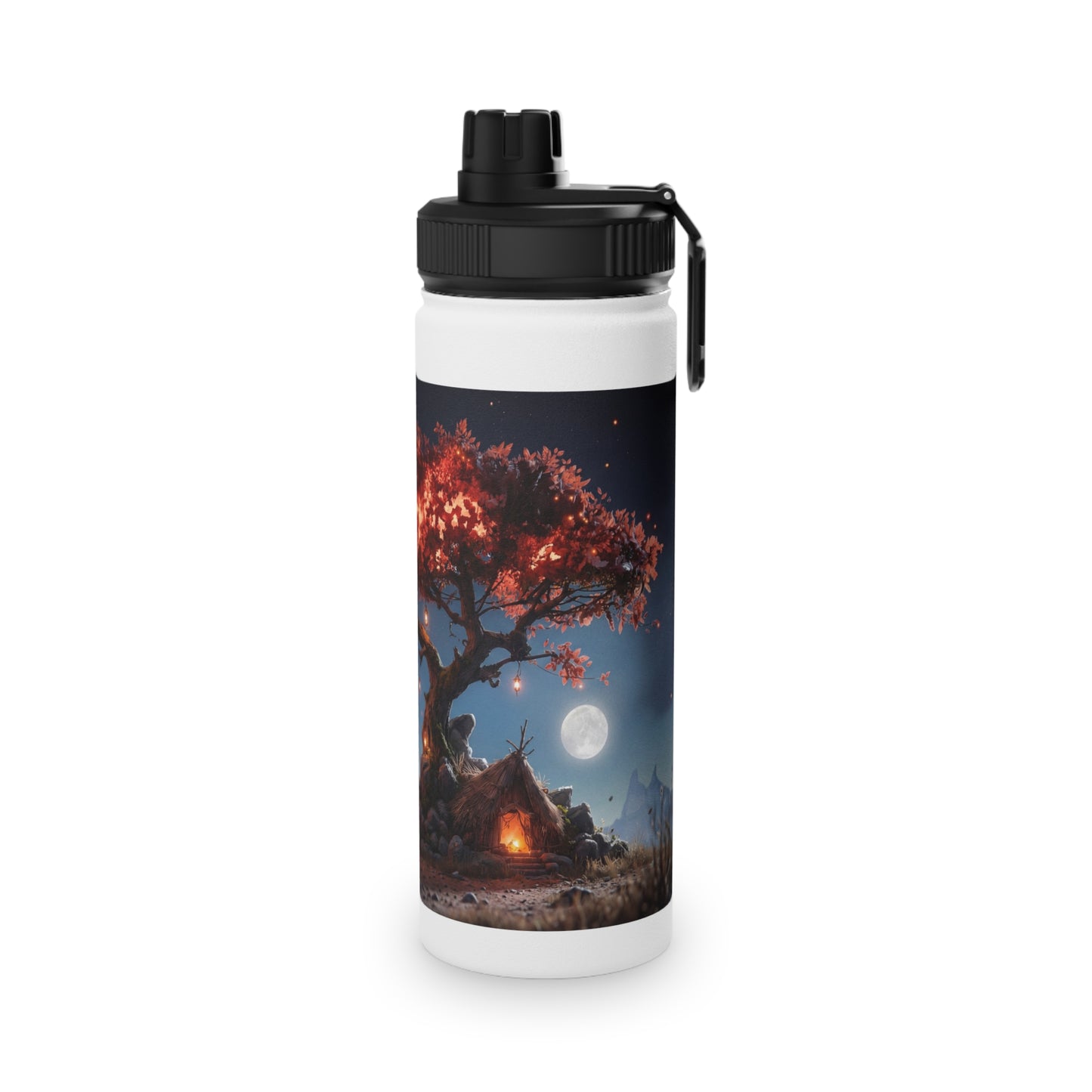 Whispering Ember Tree Stainless Steel Water Bottle, Sports Lid – Moonlit Campfire Sanctuary
