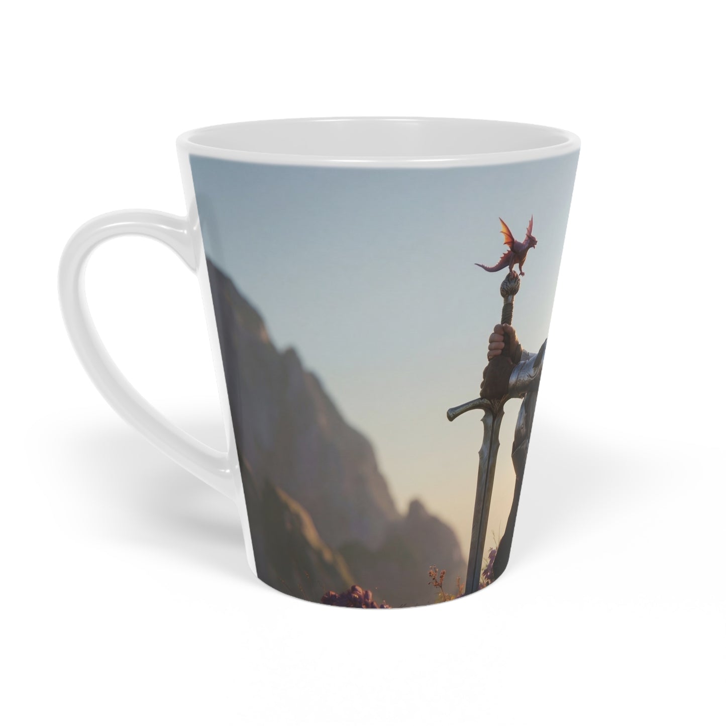 Dragon Knight Latte Mug, 12oz – Sunset Sentinel with Wings and Blade