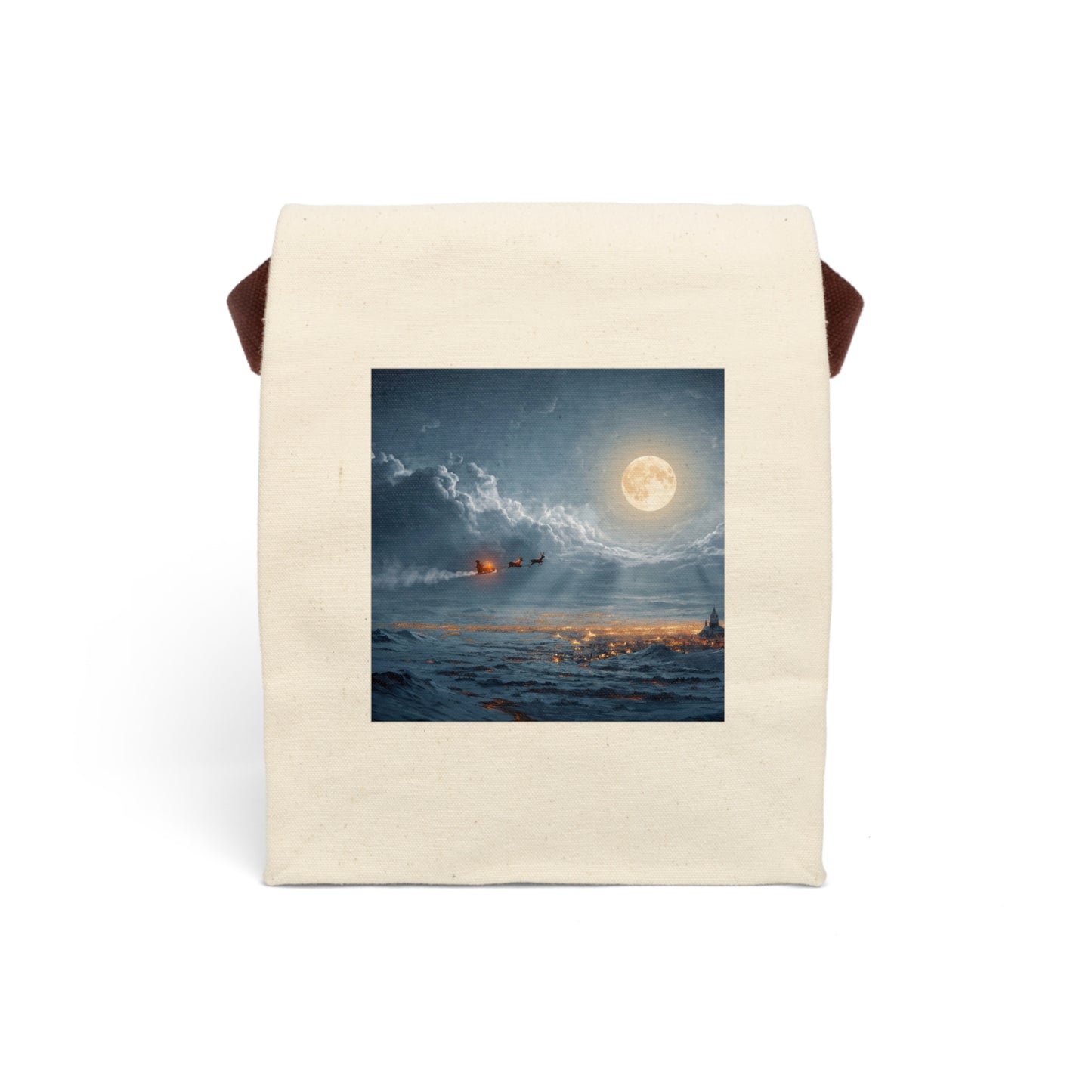 Moonlit Sleigh Canvas Lunch Bag With Strap – Frosty Night Flight Winter Scene