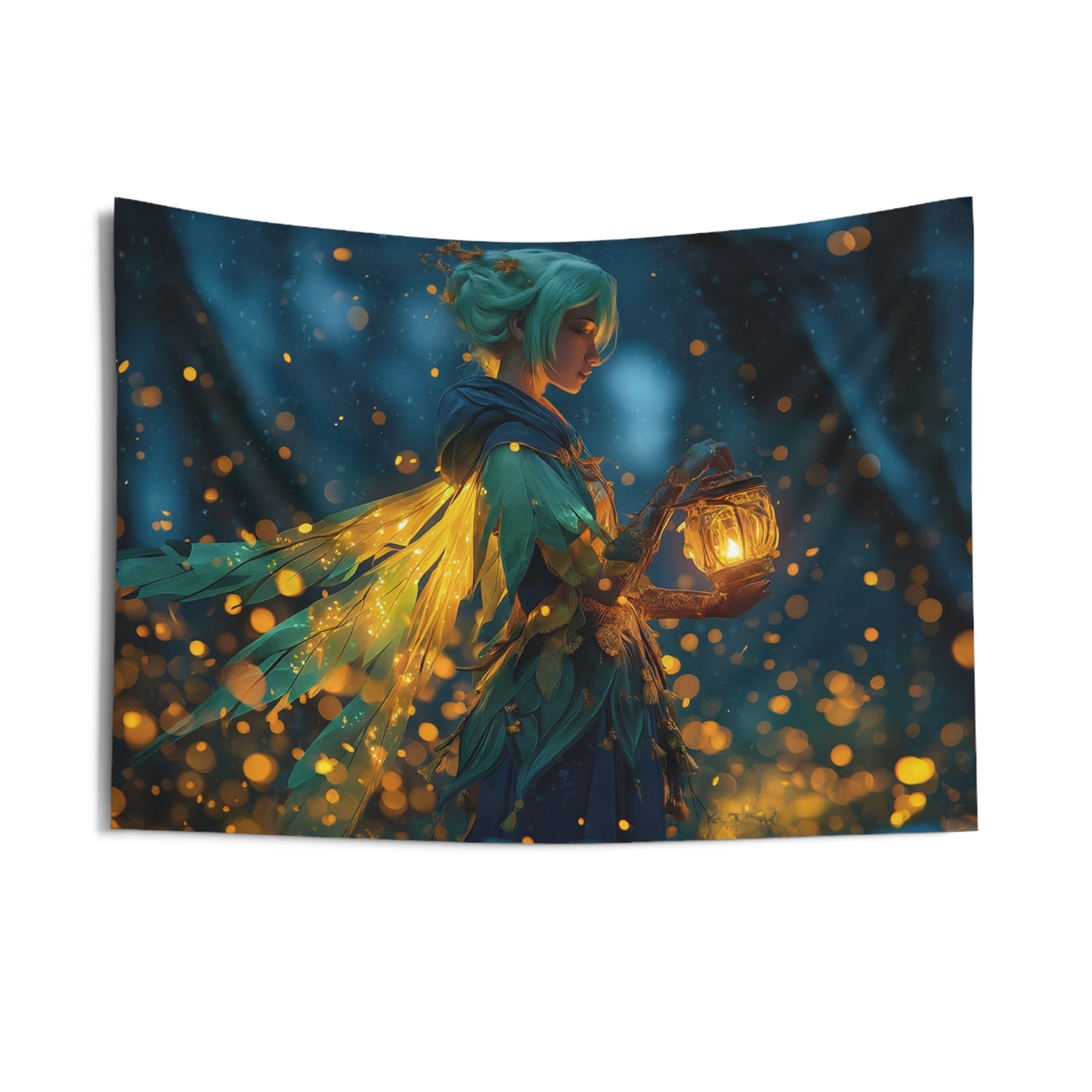 Forest Guardian with Lantern Indoor Wall Tapestries – Whispering Glow in Twilight Woods