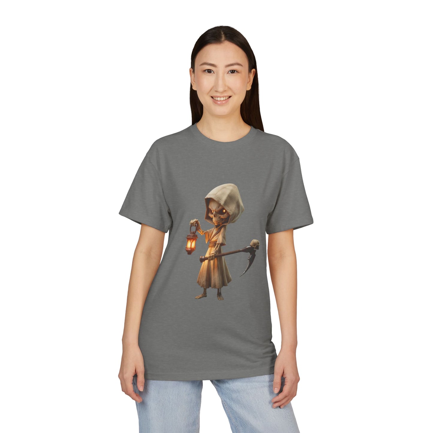 Lantern-Bearing Skeleton Sentinel Unisex Sueded T-Shirt – Gentle Guardian with Skull-Top Scythe and Warm Glow