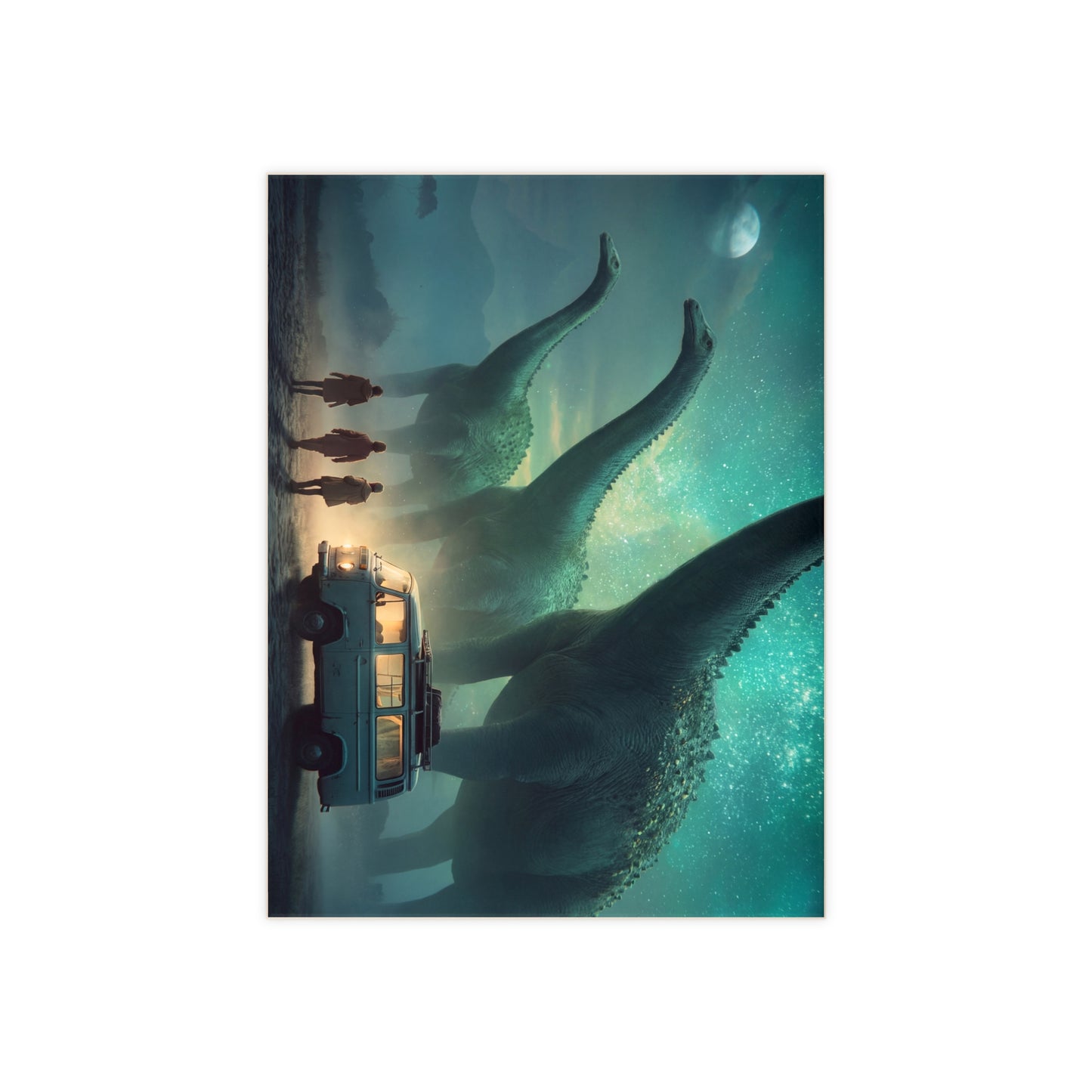 Dinosaur Encounter Ceramic Photo Tile – Midnight Campsite Under Starry Skies