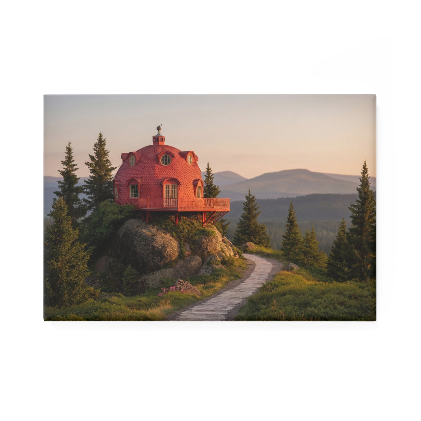 Red Dome House Button Magnet, Rectangle (1 & 10 pcs) – Sunset Sanctuary on a Mountain Ridge