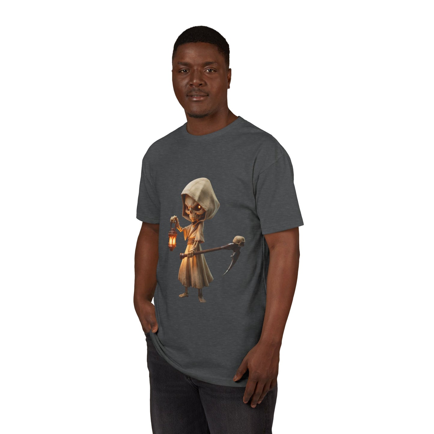 Lantern-Bearing Skeleton Sentinel Unisex Sueded T-Shirt – Gentle Guardian with Skull-Top Scythe and Warm Glow