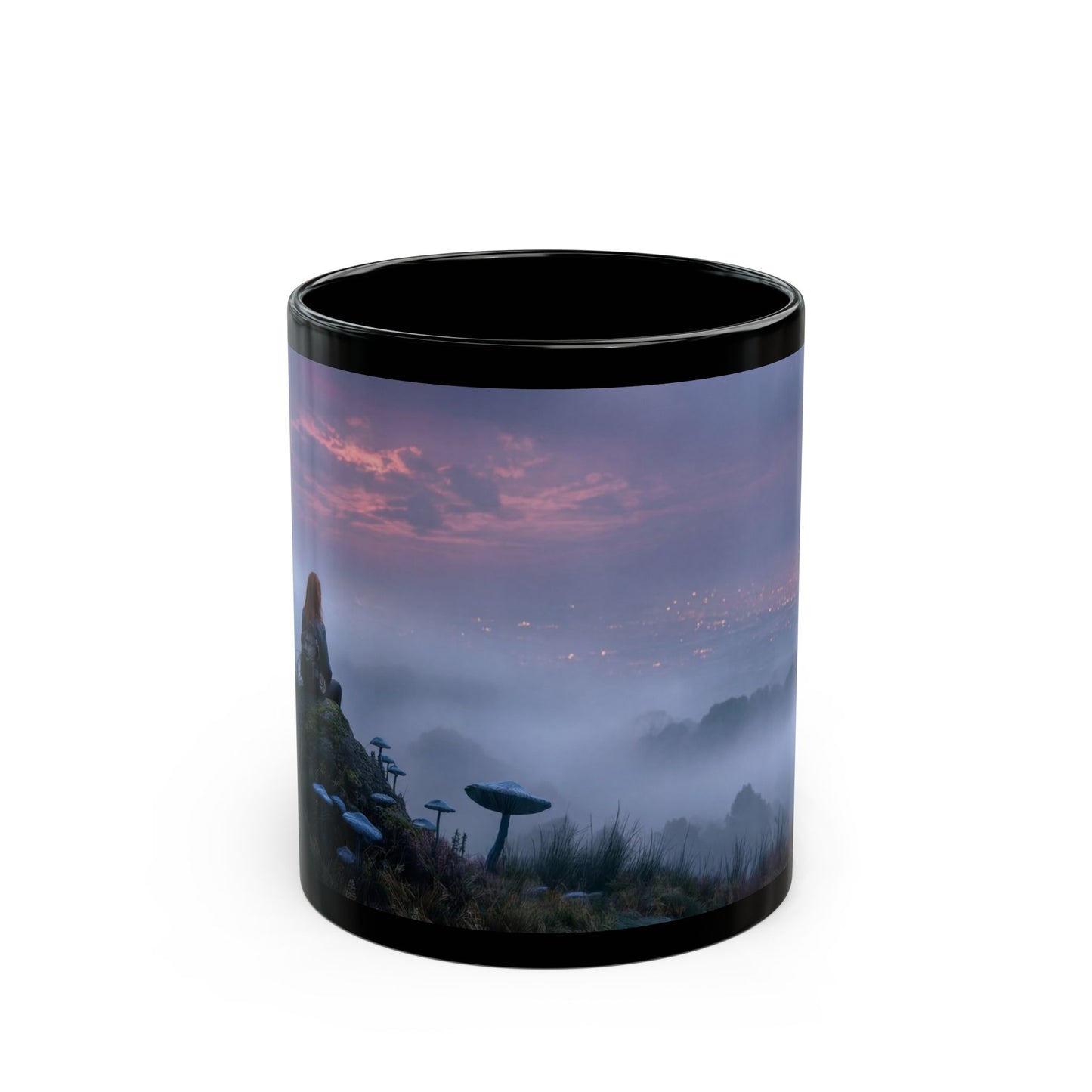 Solitary Sentinel Mug – Twilight Over Cityscape with Moon and Mushrooms