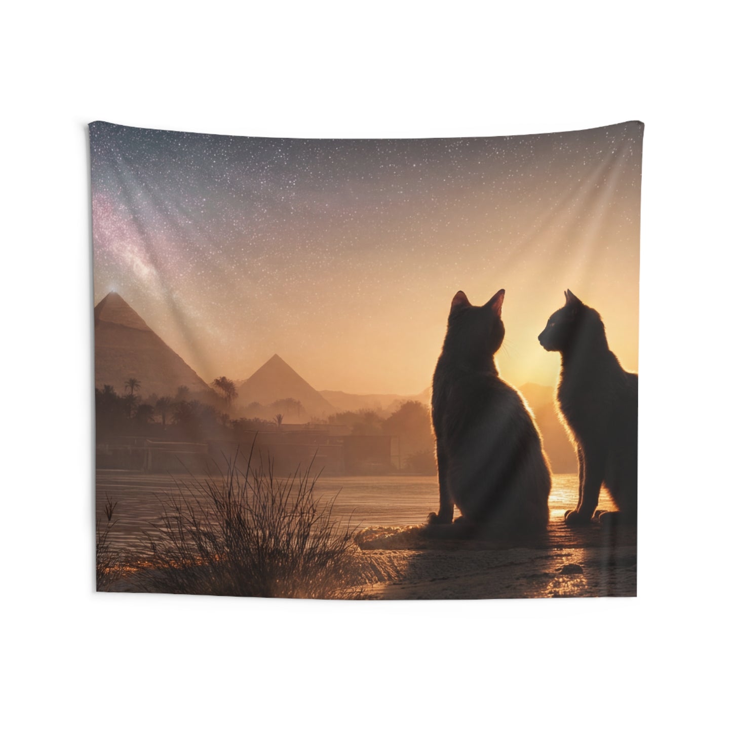 Starlit Pyramids Cat Wall Tapestry – Whispers of Ancient Cosmos