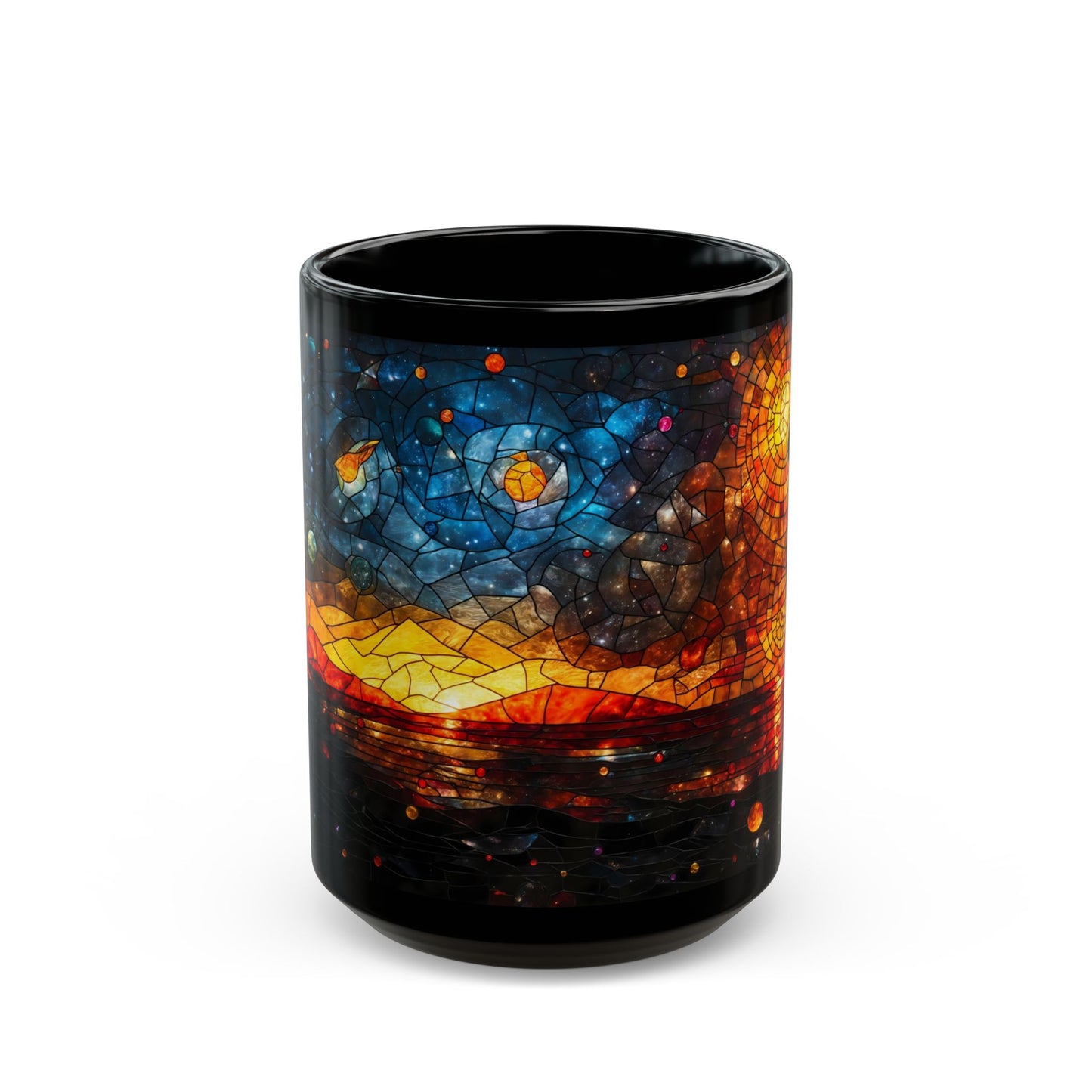Cosmic Stained Glass Cat Mug – Celestial Guardian at Sunset
