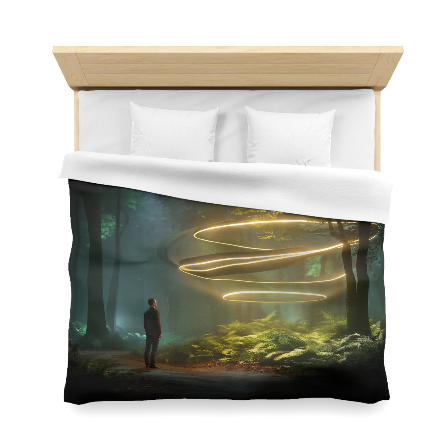 Title: Lumina Spiral Duvet Cover – Golden Rings in Whispering Woods