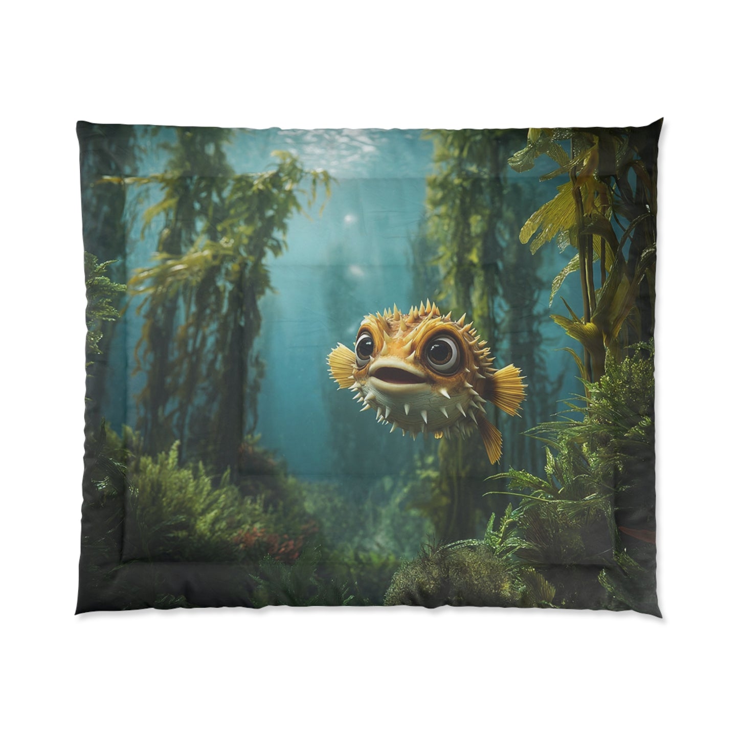 Sunbeam Pufferfish Comforter – Whispering Kelp Forest Dreamscape