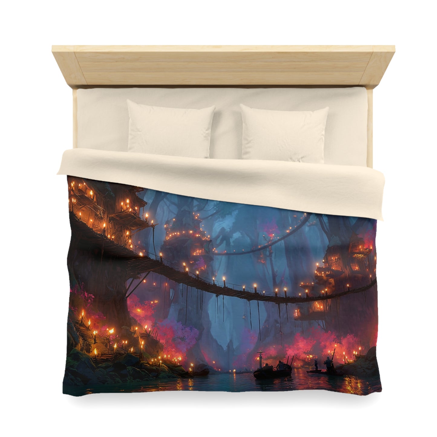 Whispering Canopy Duvet Cover – Glowlit Treehouse Riverwalk Dreamscape