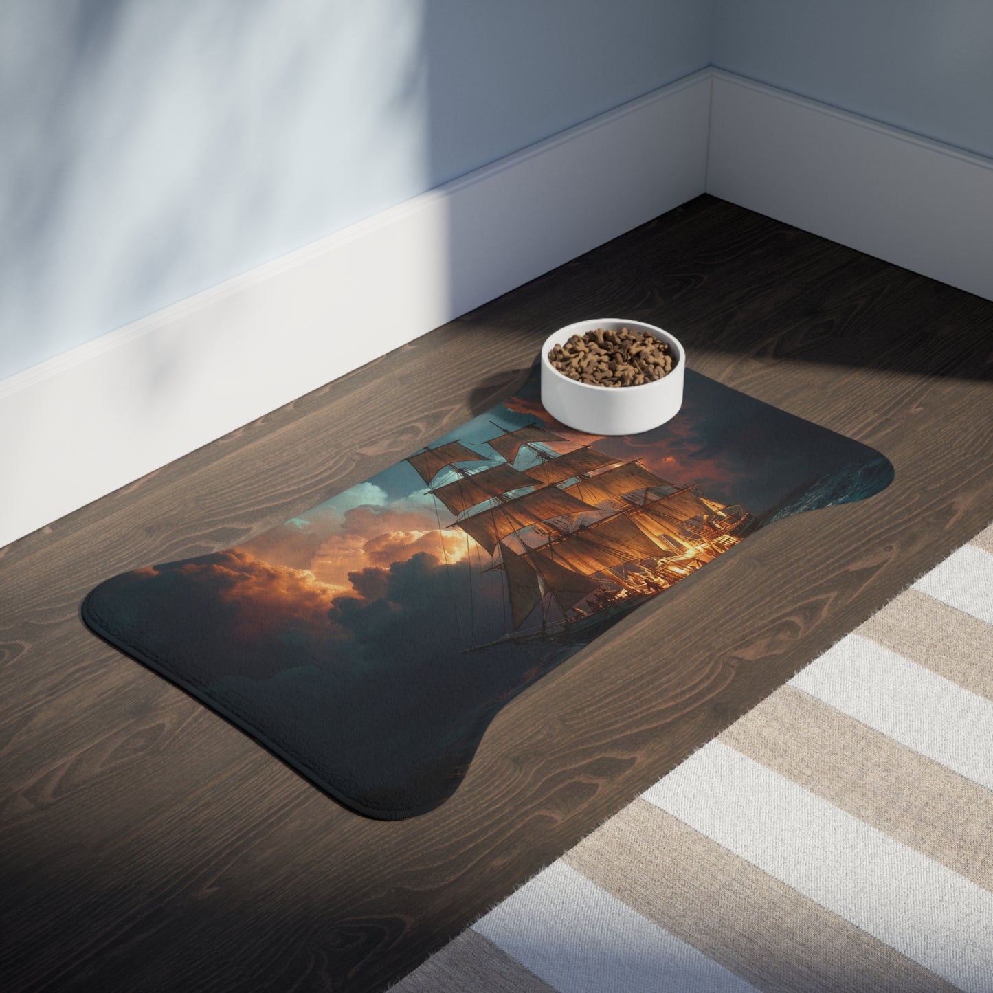 Storm-Beaten Galleon Pet Feeding Mats – Golden Sails on Tempestuous Seascape