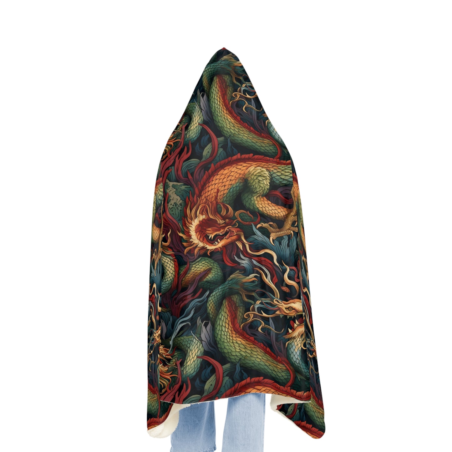 "A detailed pattern of mythical fire creatures, such as dragons, salamanders, and firebirds, depicted in a rich tapestry of garnet, topaz, and deep jade colors." - Snuggle Blanket