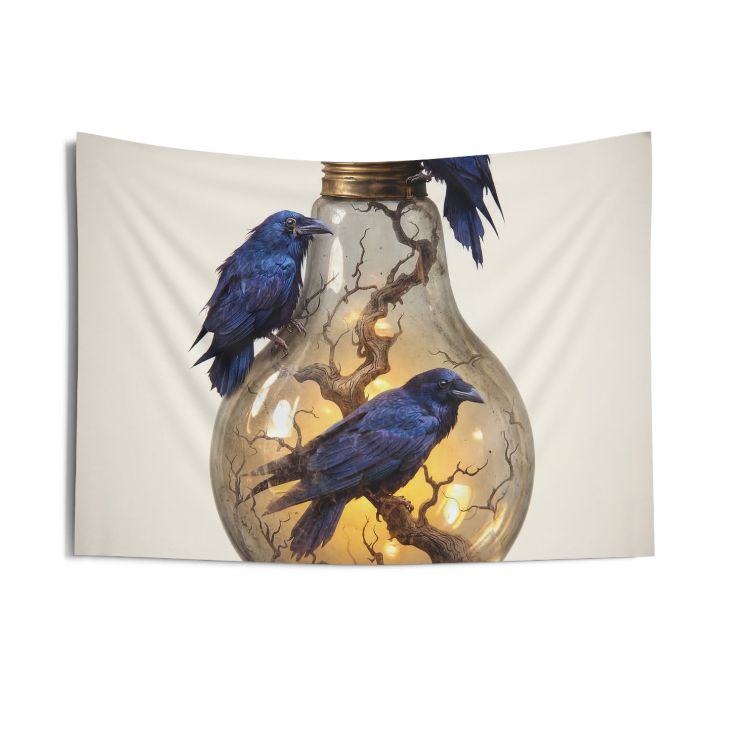 Ravens in the Glow Bulb Indoor Wall Tapestries – Midnight Wisdom Luminescence