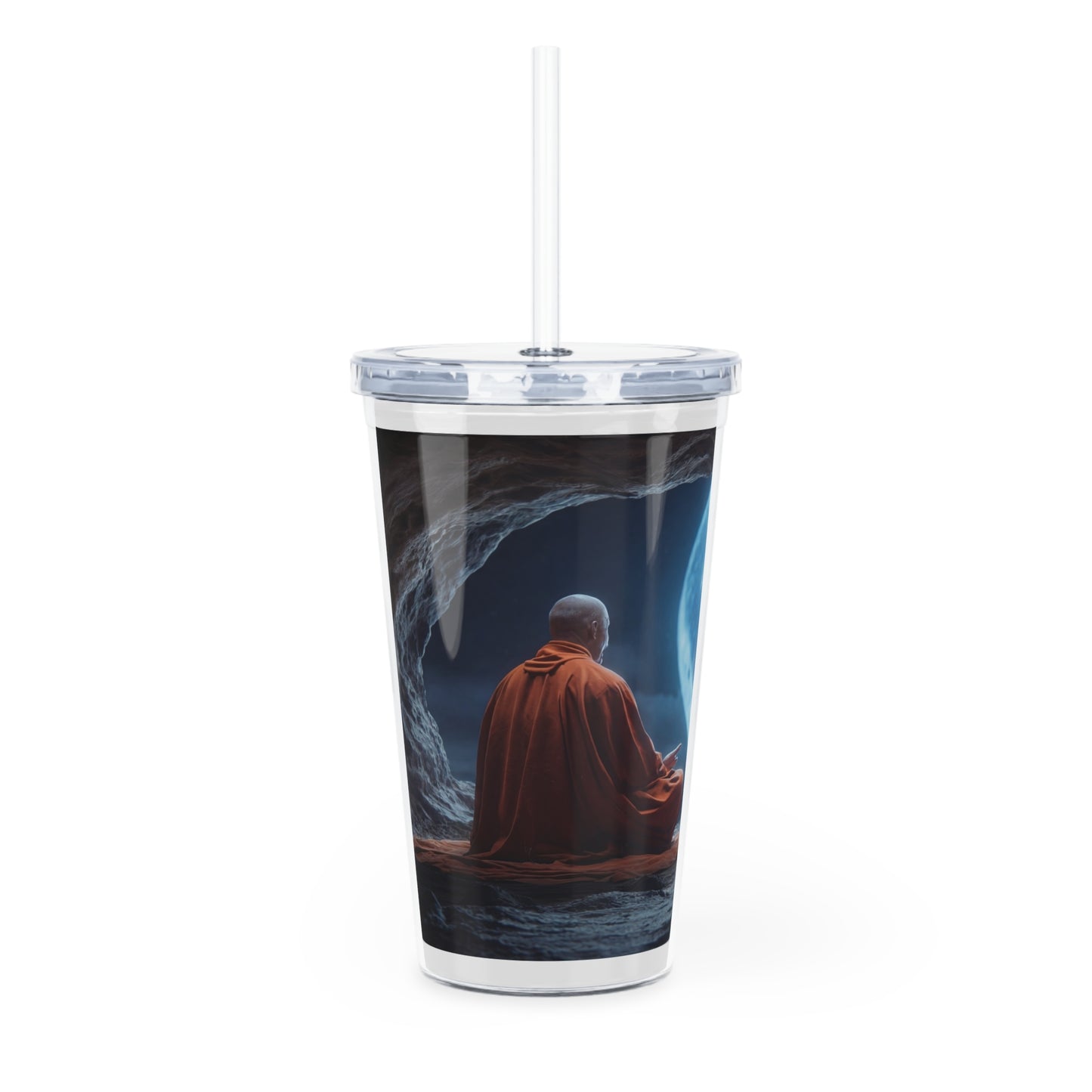 Moonlit Monk Meditation Tumbler with Straw – Serene Cave Sanctuary
