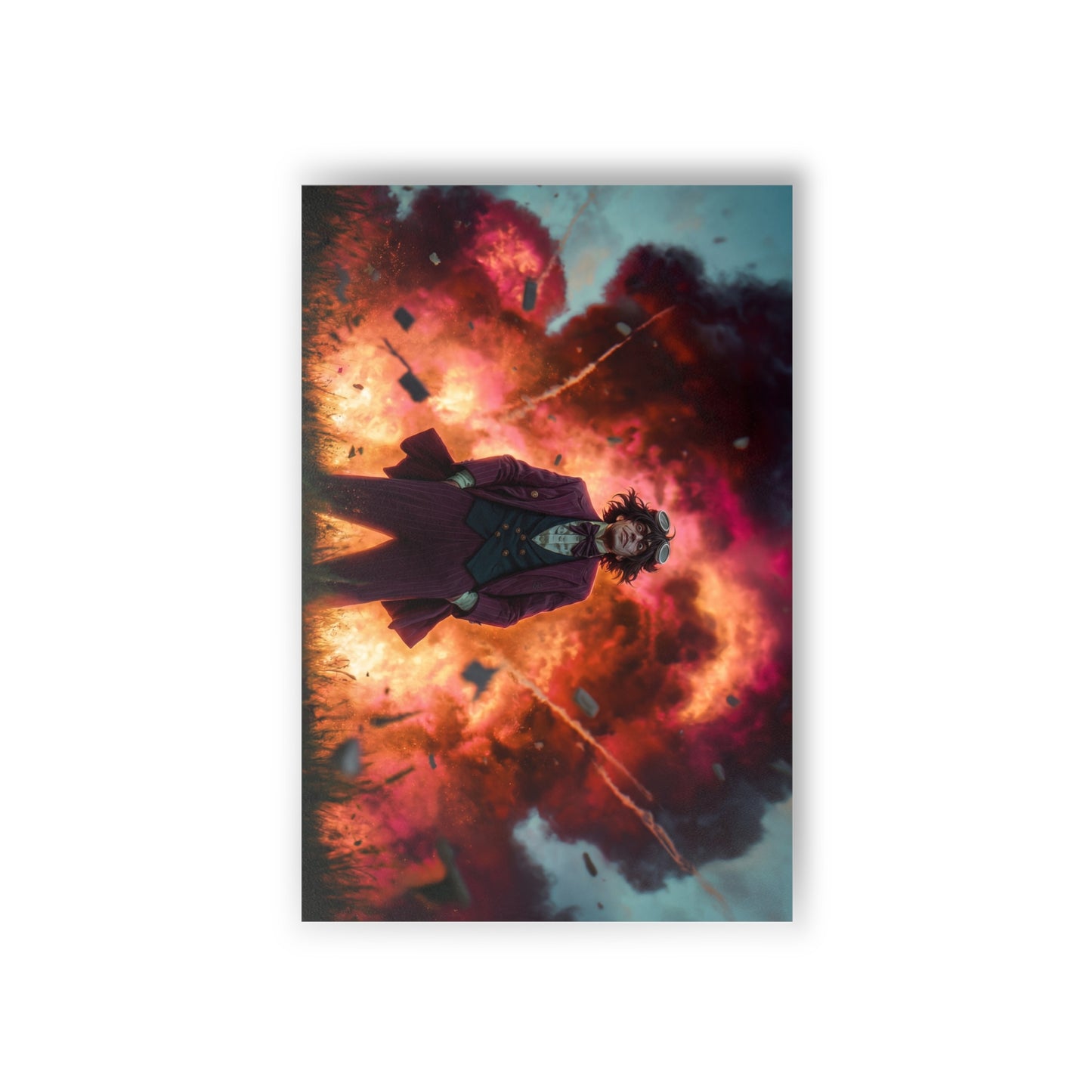 Mad Inventor Amidst Crimson Explosion Postcards (10pcs) – Unflinching Brilliance in a World of Sparks