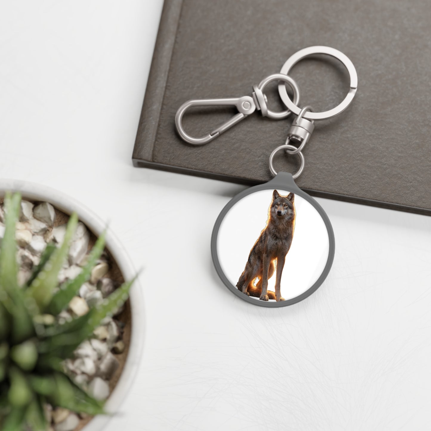 Golden Hour Wolf Keyring Tag – Silhouette Sentinel with Warm Glow