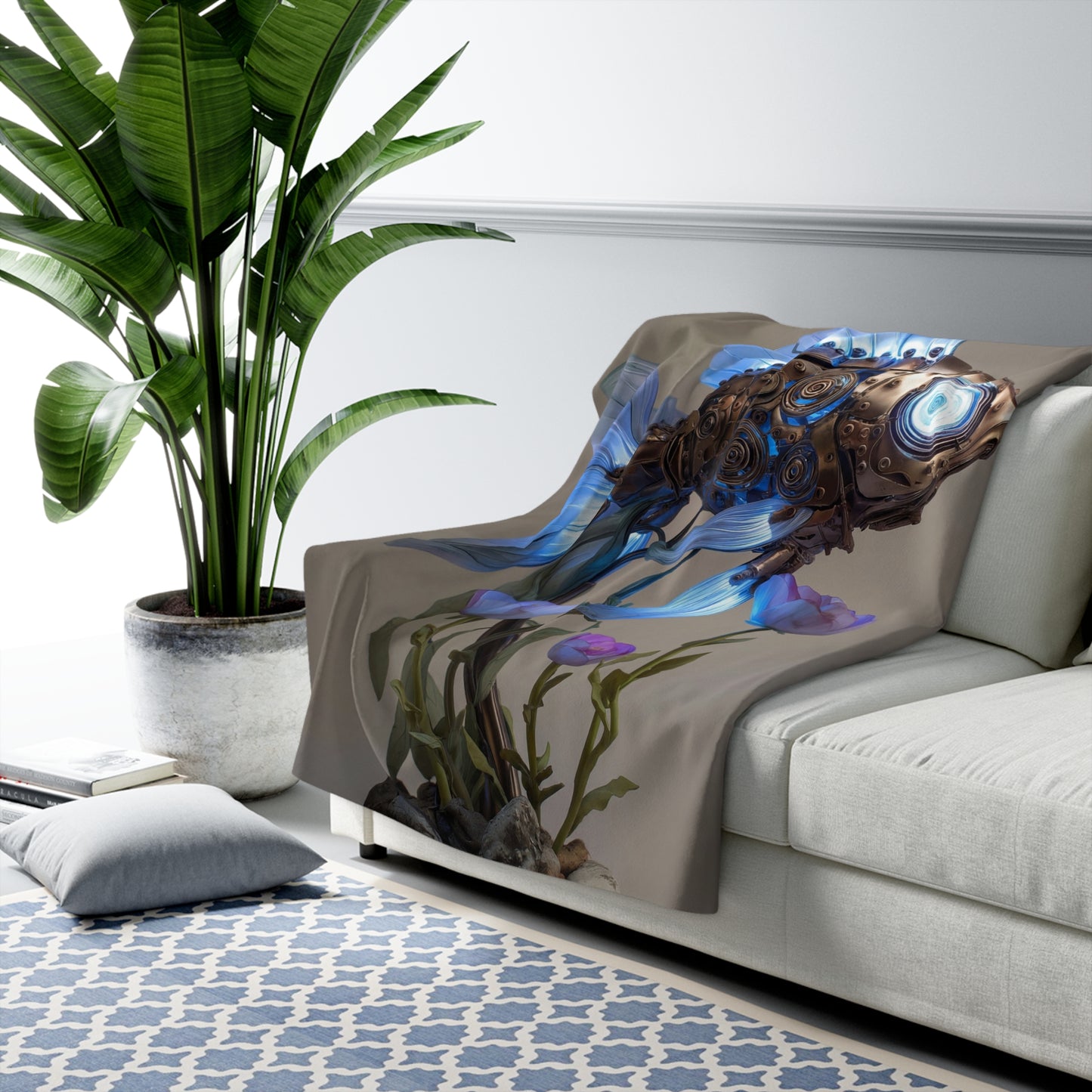 Steampunk Goldfish Sherpa Fleece Blanket – Luminescent Mechanical Bloom