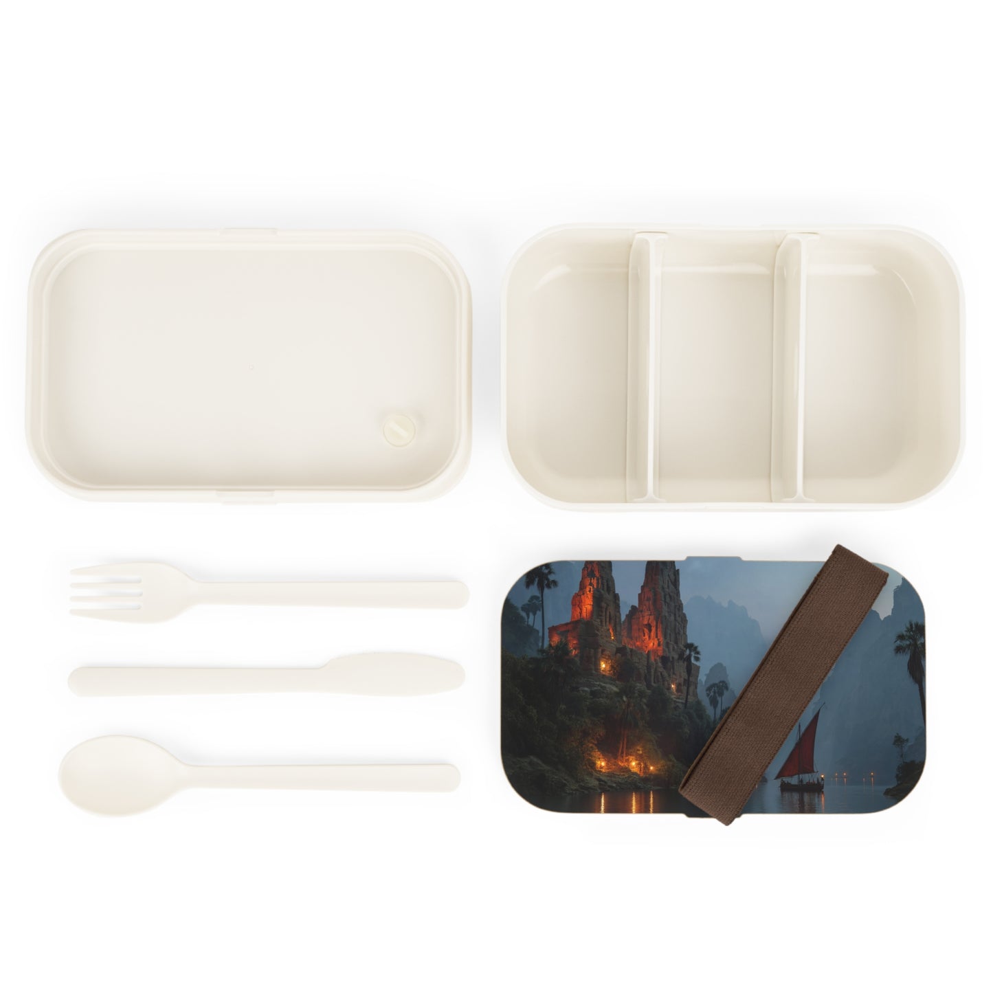 Moonlit Temple Ruins Bento Lunch Box – Crimson Lanterns on the River of Whispers