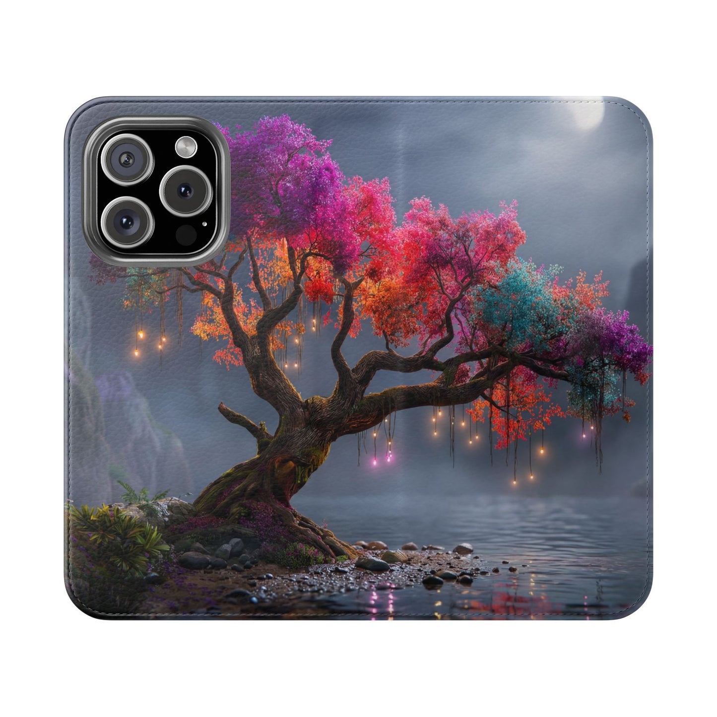 Chromatic Canopy Flip Cases – Rainbow Tree Moonlit Waterfall Scene
