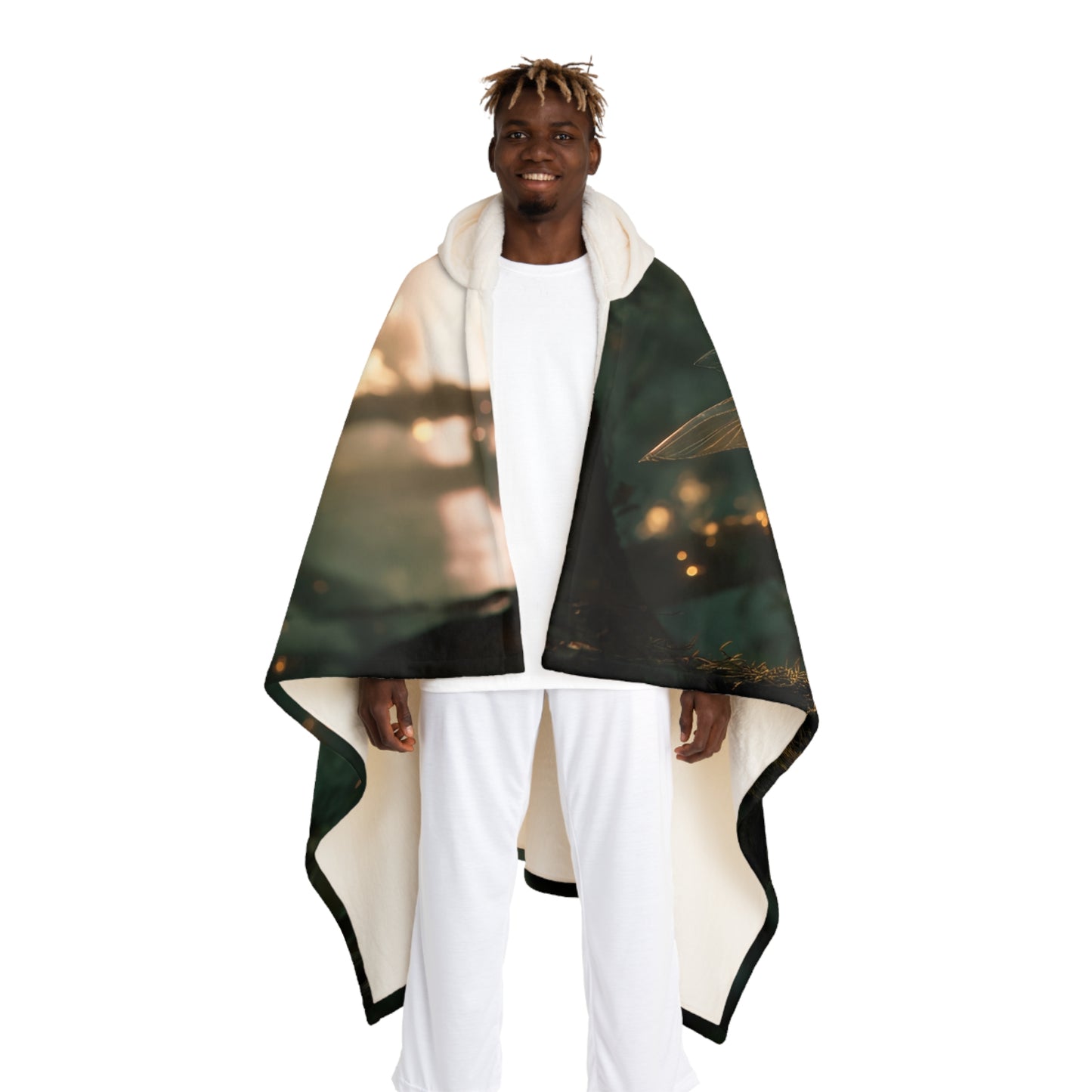 Mossy Bank Fairy Hooded Sherpa Fleece Blanket – Golden Hour Forest Guardian