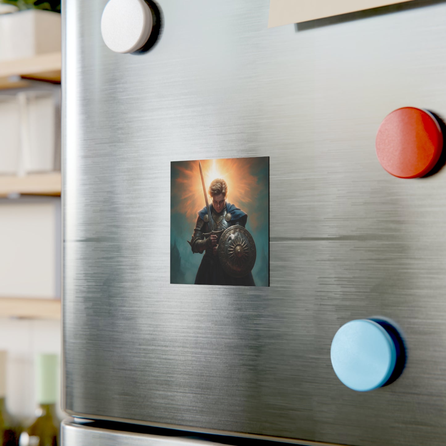 Dawn-Kissed Knight Square Magnet – Sunlit Resolve Against Misty Towers