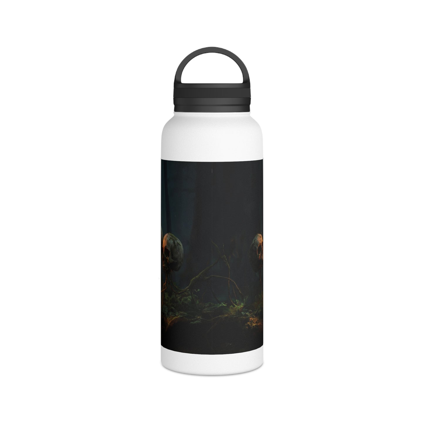 Glowing Lightbulb in Haunted Forest Stainless Steel Water Bottle, Handle Lid – Illuminated Wisdom Amidst the Roots