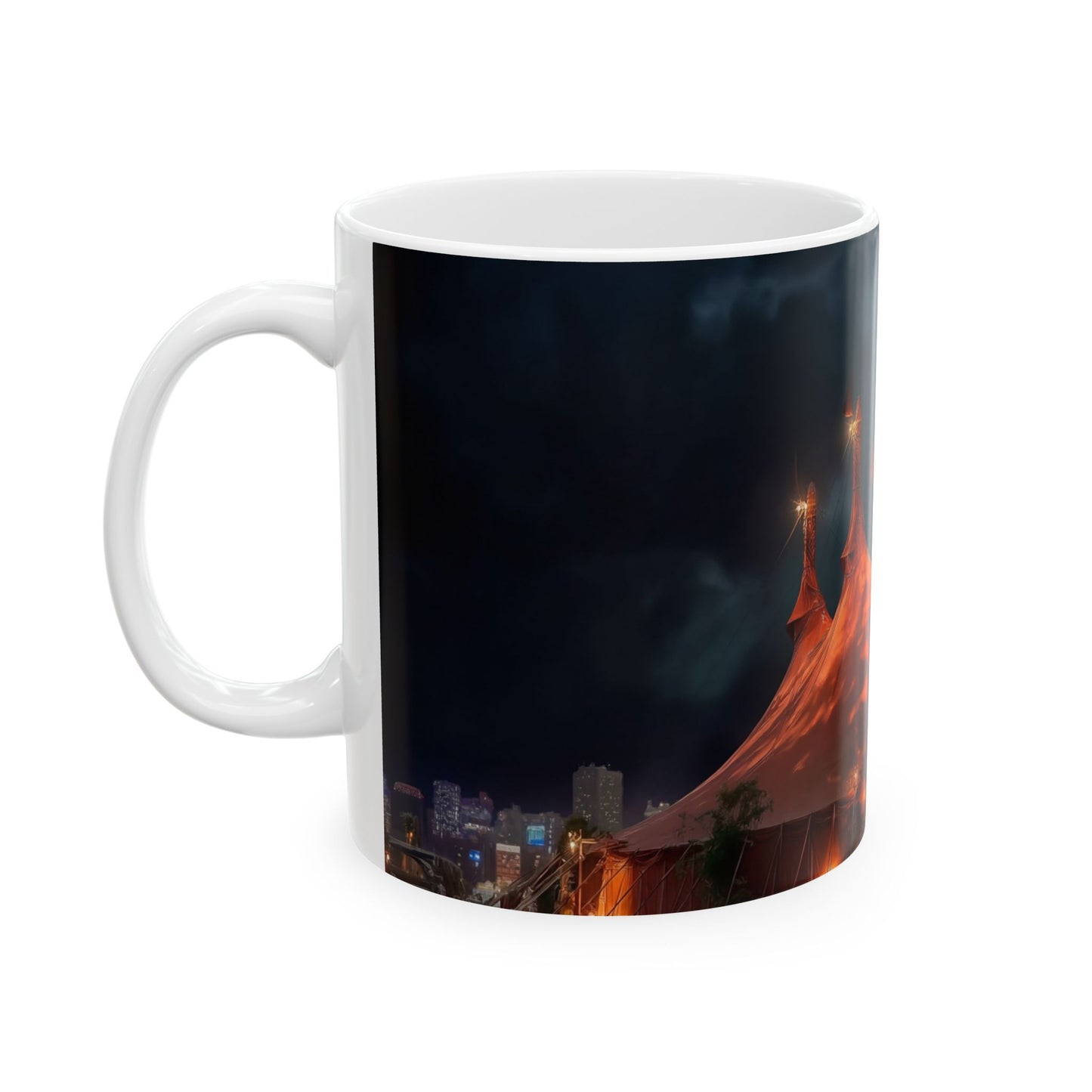 Crimson Circus Tent Ceramic Mug – Midnight Carnival Dreamscape