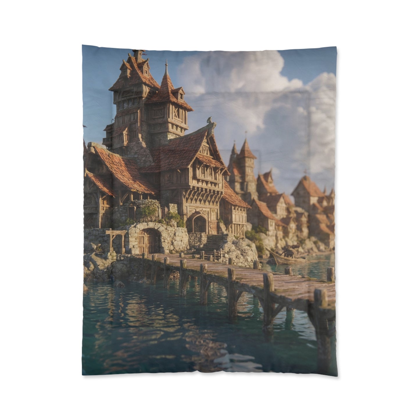 Harbor’s Edge Comforter – Sunlit Viking Village Dreamscape