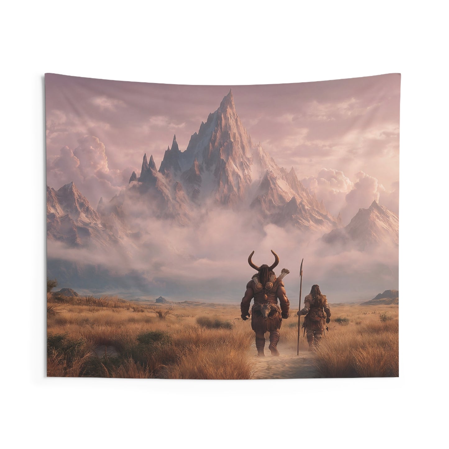 Two Travelers Before the Snow Crown Peak – Sunset Mountain Passage Wall Tapestry