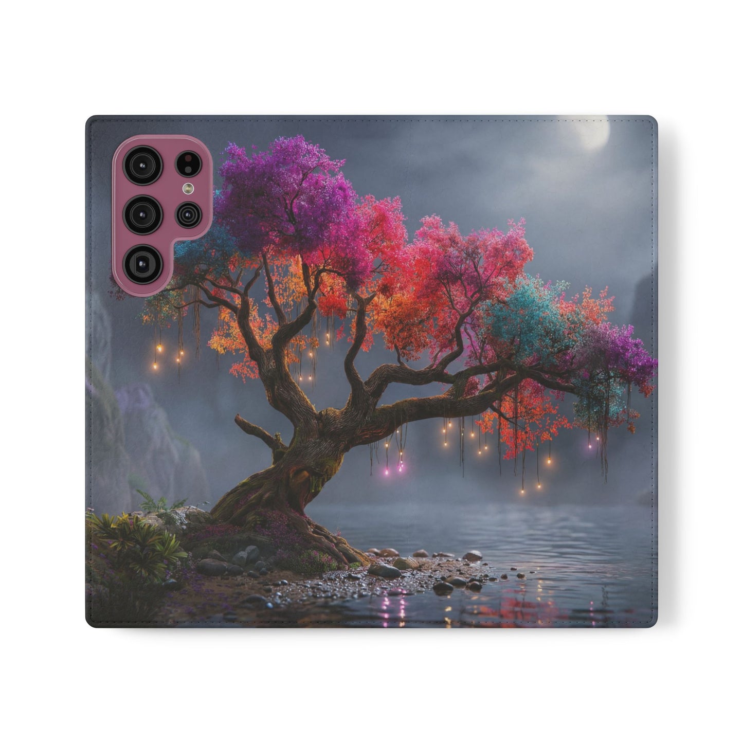 Chromatic Canopy Flip Cases – Rainbow Tree Moonlit Waterfall Scene