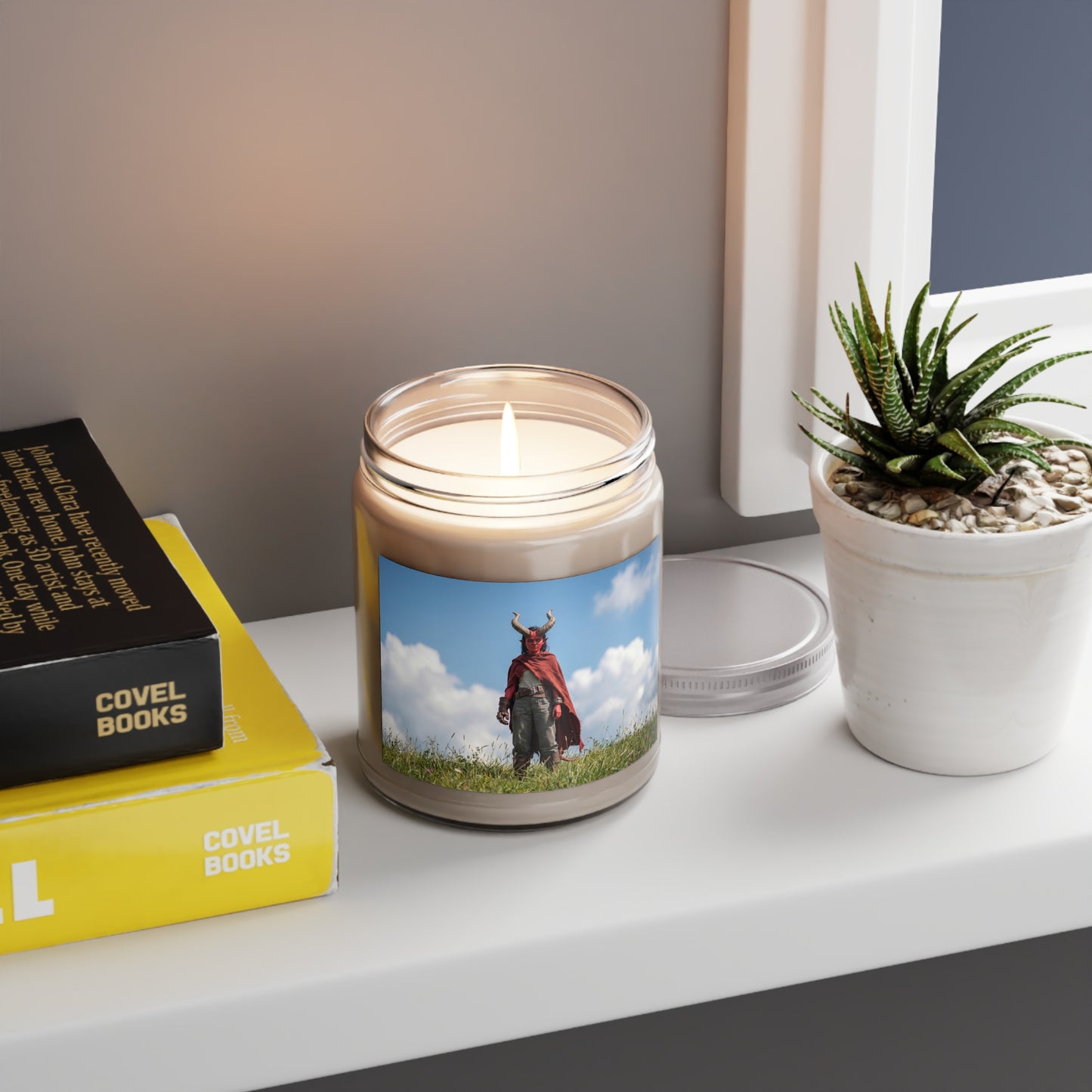 Red-Skinned Demon Warrior Scented Soy Candles with White Lid, 9oz – Standing Ground in Sunlit Grass