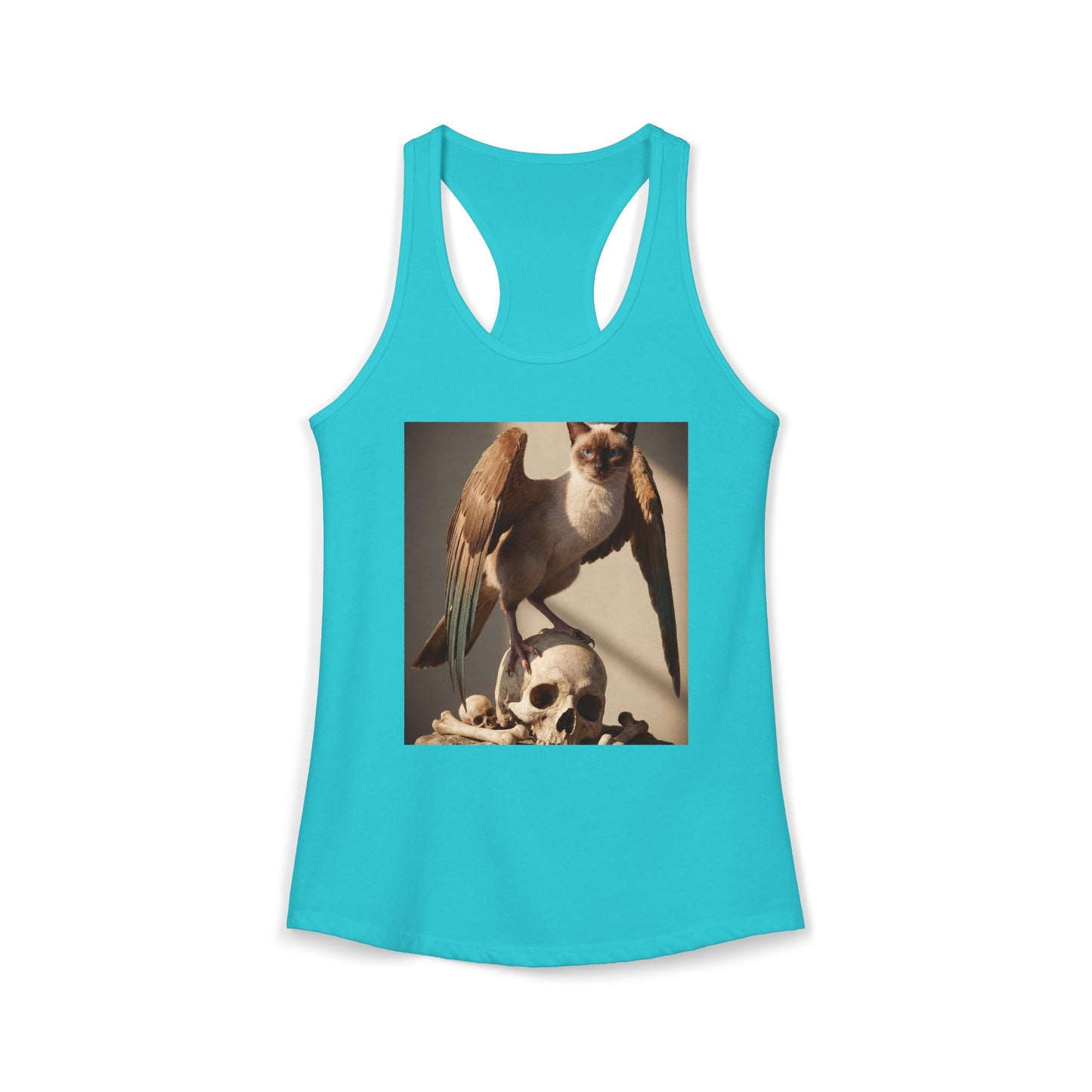 Winged Siamese Cat Guardian Racerback Tank – Feathered Sentinel with Skull