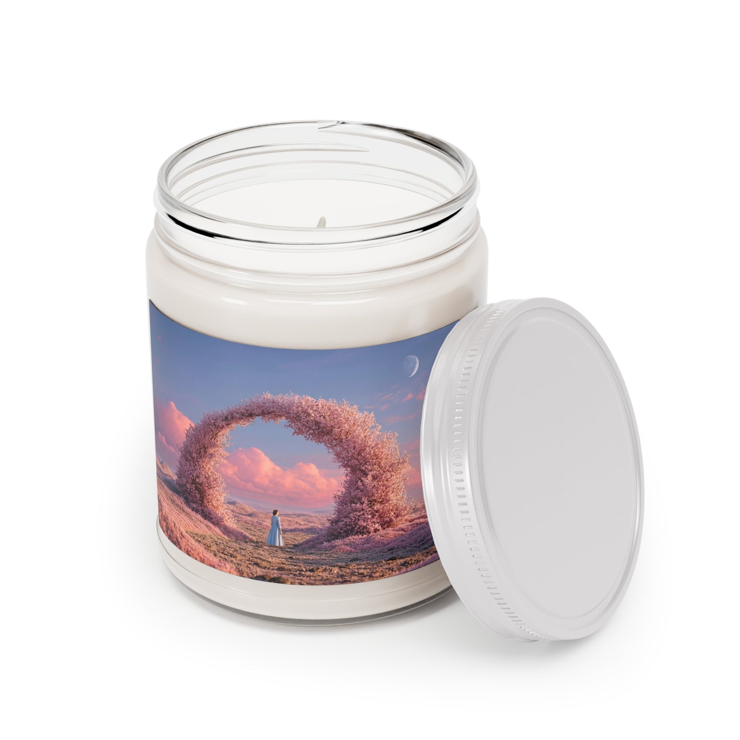 Cherry Blossom Portal Scented Soy Candles with White Lid, 9oz – Twilight Gateway to Quiet Wonder
